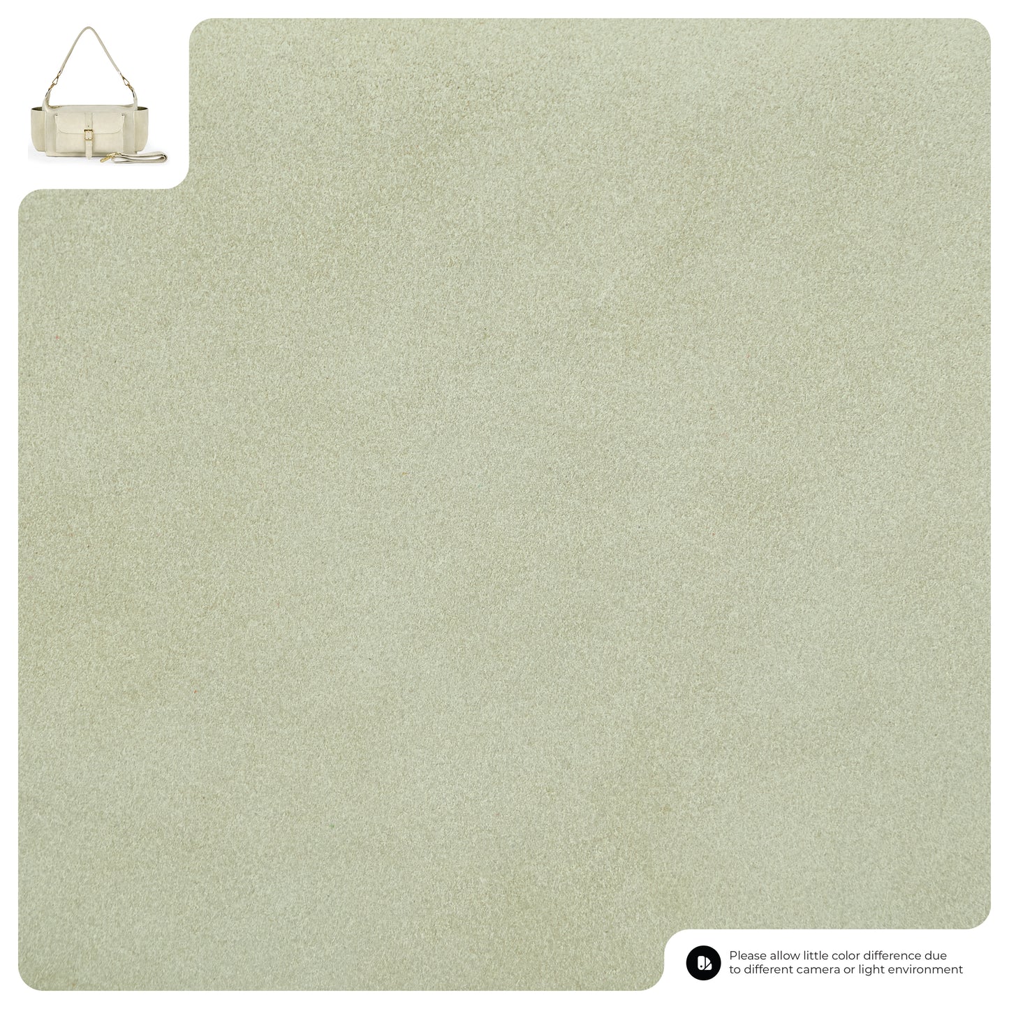 A rectangular beige textured mat with rounded corners. A small handmade Italian handbag crafted from genuine suede leather is shown in the top left corner for scale. Text in the bottom right notes possible color differences.
