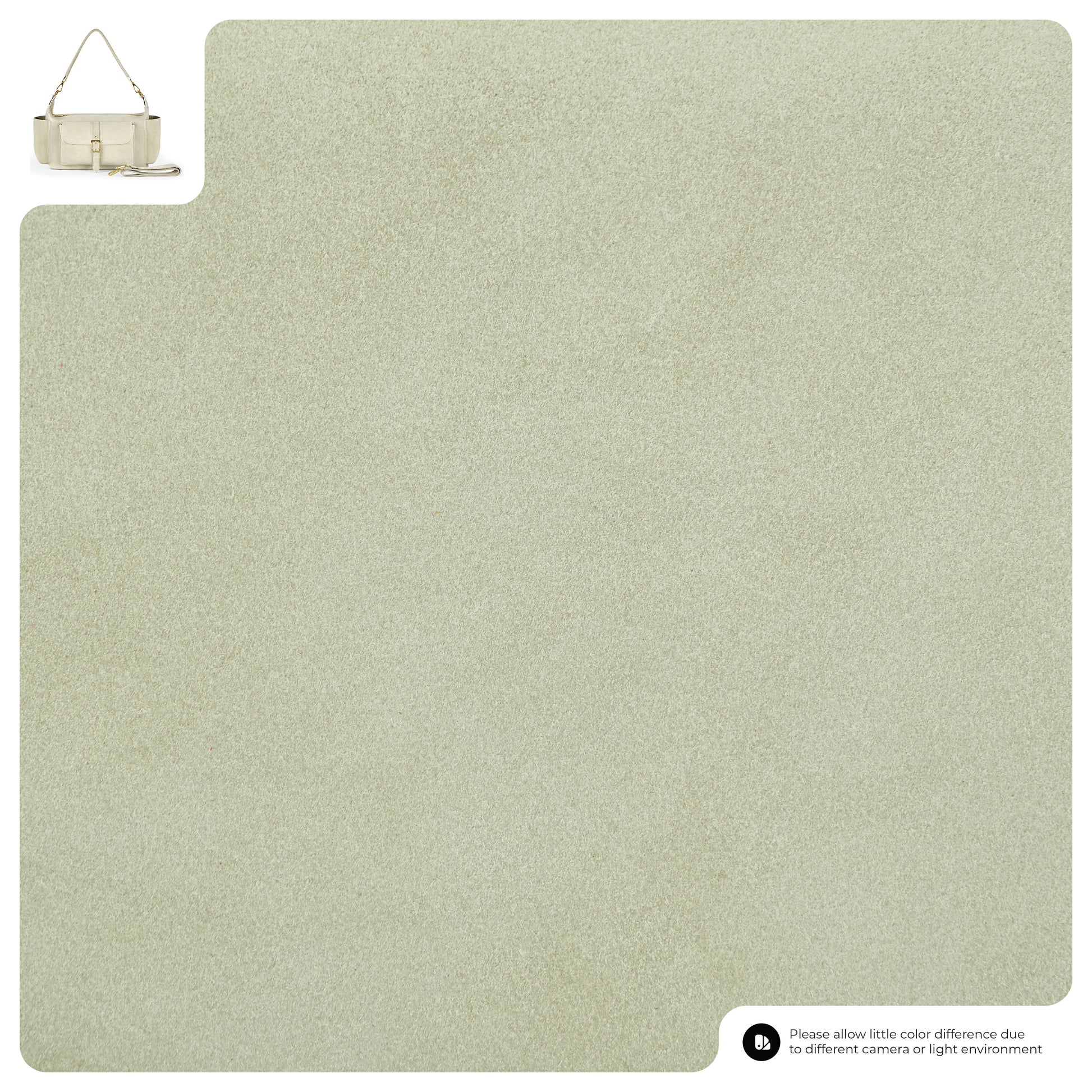 A rectangular beige textured mat with rounded corners. A small handmade Italian handbag crafted from genuine suede leather is shown in the top left corner for scale. Text in the bottom right notes possible color differences.