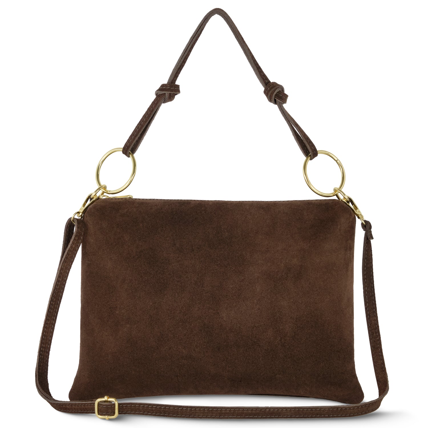A brown Italian suede handbag with gold rings attaching the handle and an adjustable shoulder strap, displayed against a white background.