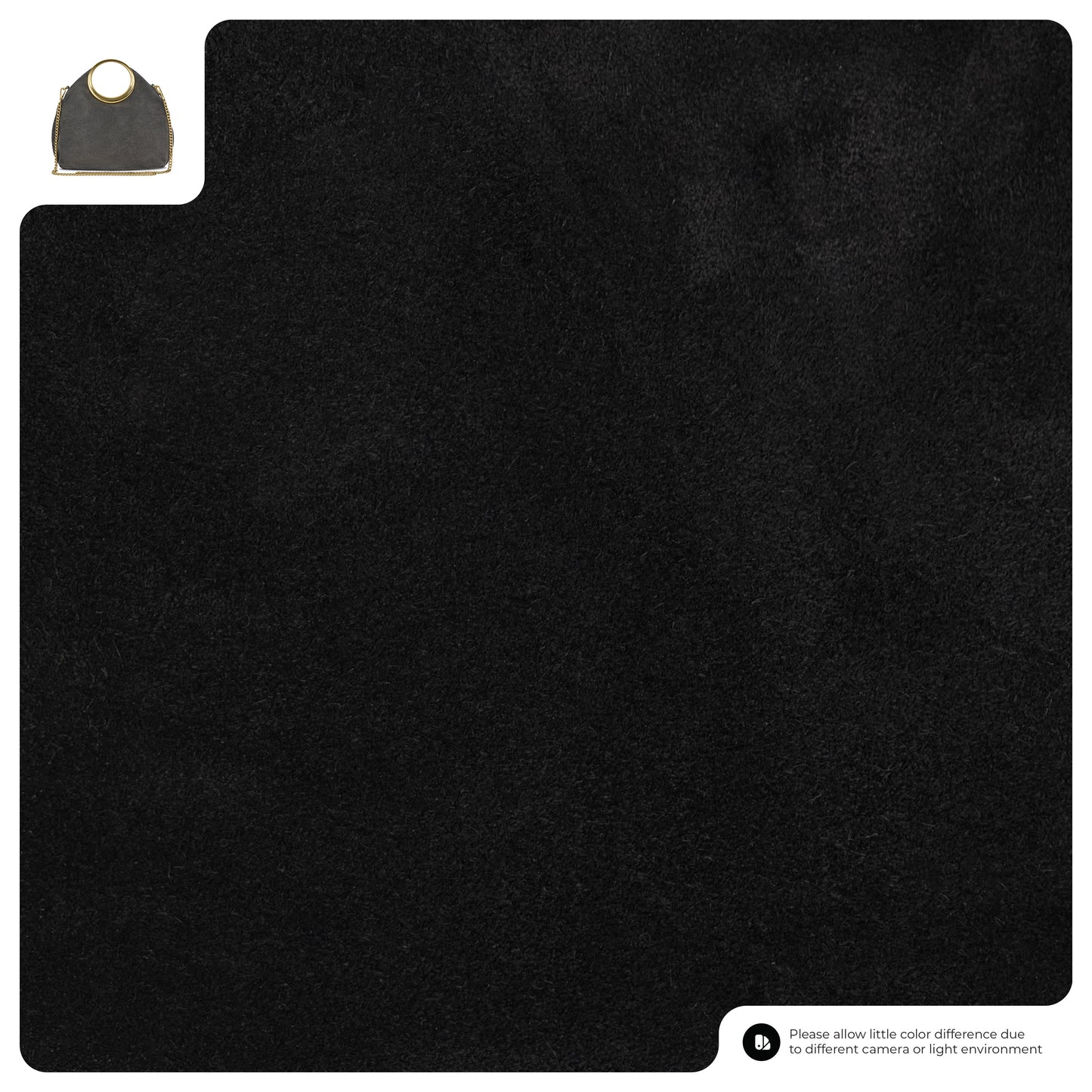 A black suede backdrop with a small image of a black suede handbag with gold ring handles appears in the top left corner; the bottom right notes possible color variations.
