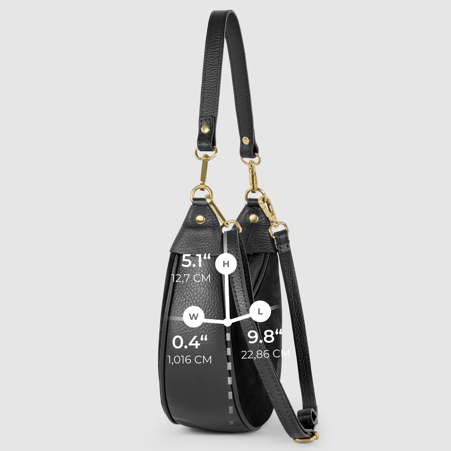 Side view of a black Italian leather bag with gold hardware and two straps; white text and lines indicate dimensions: height 5.1 (12.7 cm), width 0.4 (1.016 cm), and length 9.84 (22.86 cm).