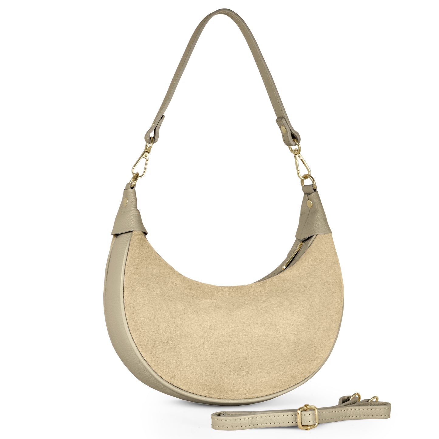 Greige suede crescent handbag with a short handle and gold hardware, crafted from Italian leather, shown with a matching detachable adjustable shoulder strap placed in front of the bag.