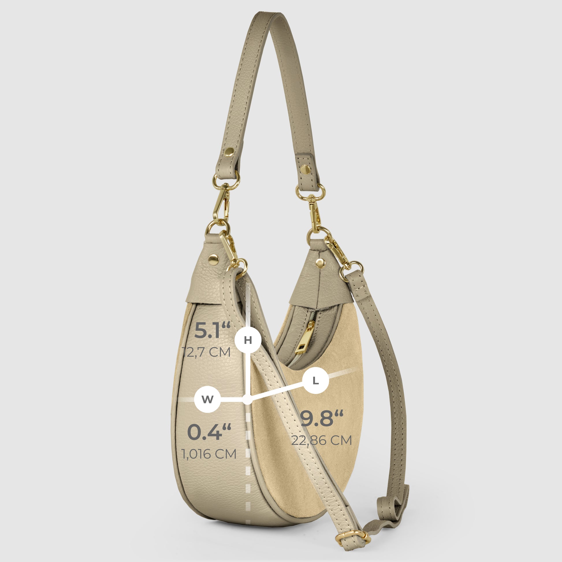 A beige Italian leather bag with gold hardware is shown side view, displaying its dimensions: width 0.4 (1.016 cm), height 5.1 (12.7 cm), and length 9.8 (22.86 cm). An adjustable shoulder strap is visible.