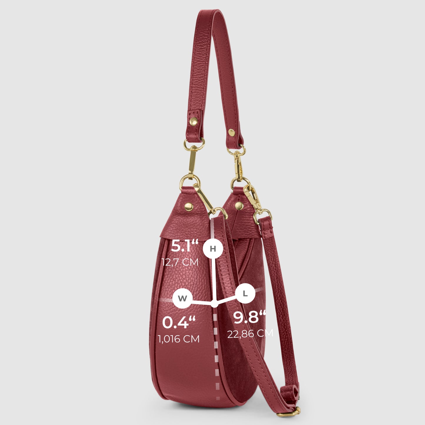 Side view of a red Italian leather bag with gold hardware, showing measurements: 5.1 inches (12.7 cm) high, 0.4 inches (1.016 cm) wide, and 9.8 inches (22.86 cm) long.