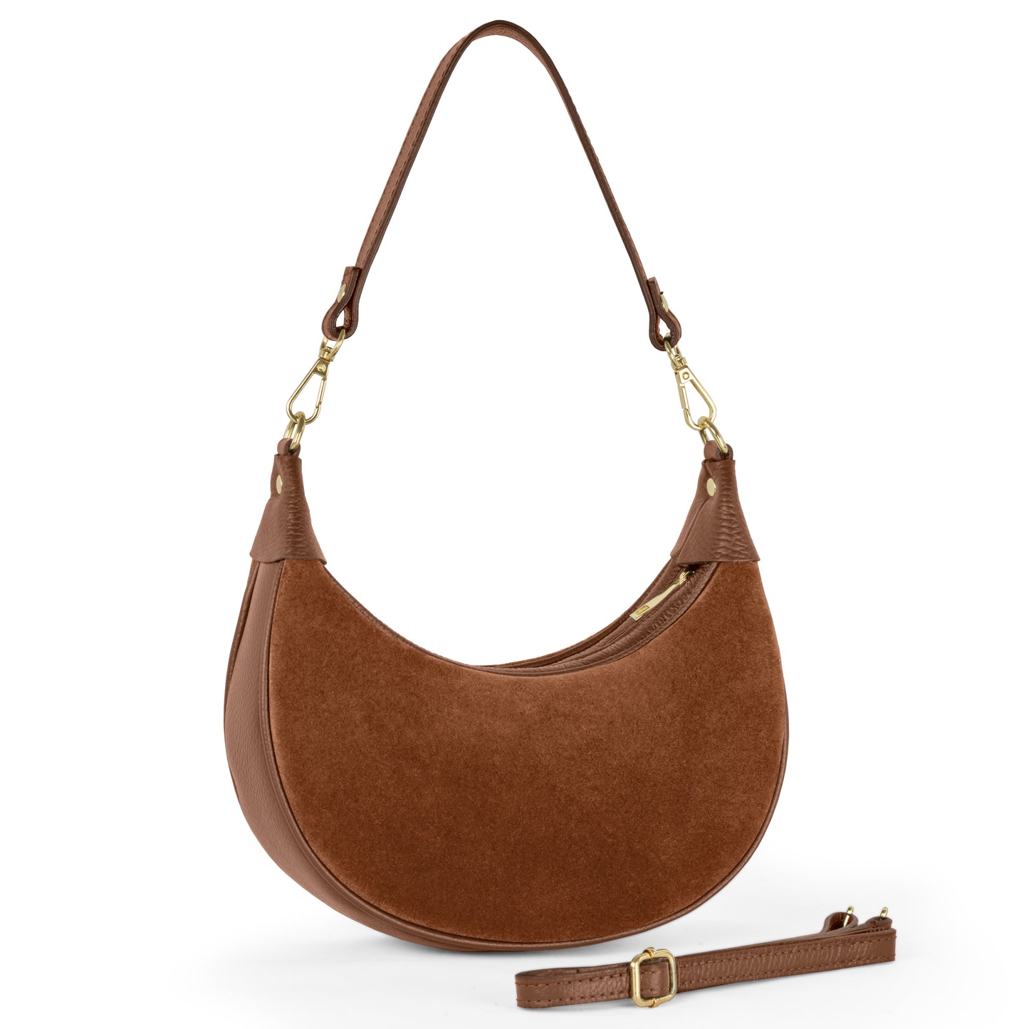A brown suede crescent handbag with a short handle, gold hardware, and zippered top features smooth and suede-like textures. Made of Italian leather, it includes a detachable, adjustable front strap for versatile styling.