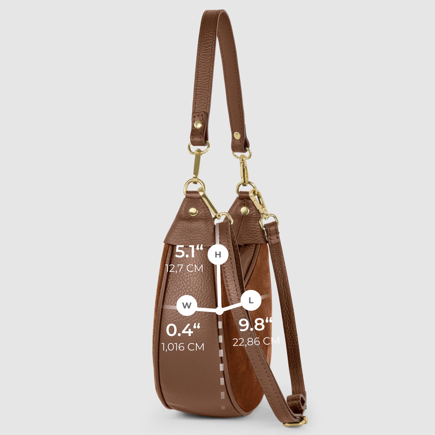 Side view of a brown Italian leather bag with gold hardware, showing dimensions: height 5.1 inches (12.7 cm), width 0.4 inches (1.016 cm), and length 8.4 inches (22.86 cm).
