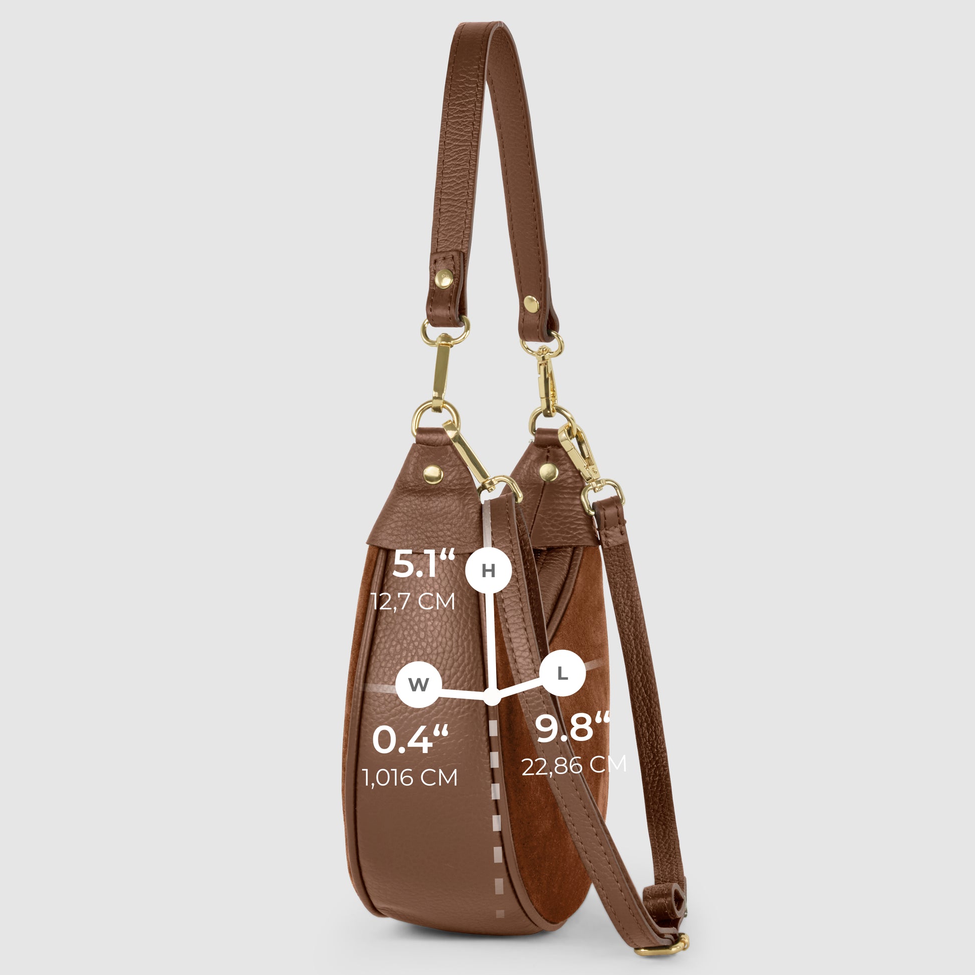 Side view of a brown Italian leather bag with gold hardware, showing dimensions: height 5.1 inches (12.7 cm), width 0.4 inches (1.016 cm), and length 8.4 inches (22.86 cm).