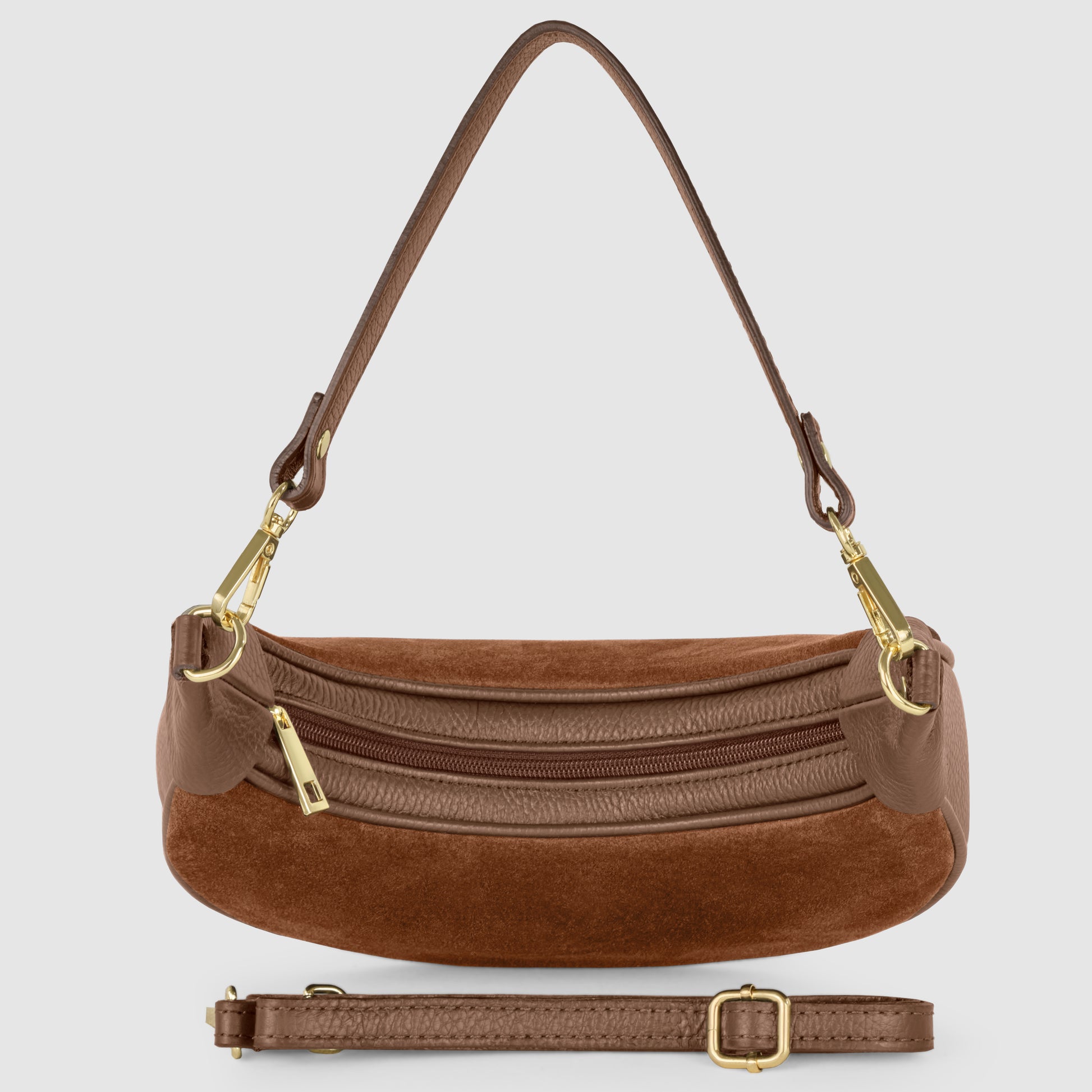 A brown suede and Italian leather crescent handbag with a gold zipper and hardware, featuring a short shoulder strap attached and a detachable, adjustable longer strap placed in front of the bag.