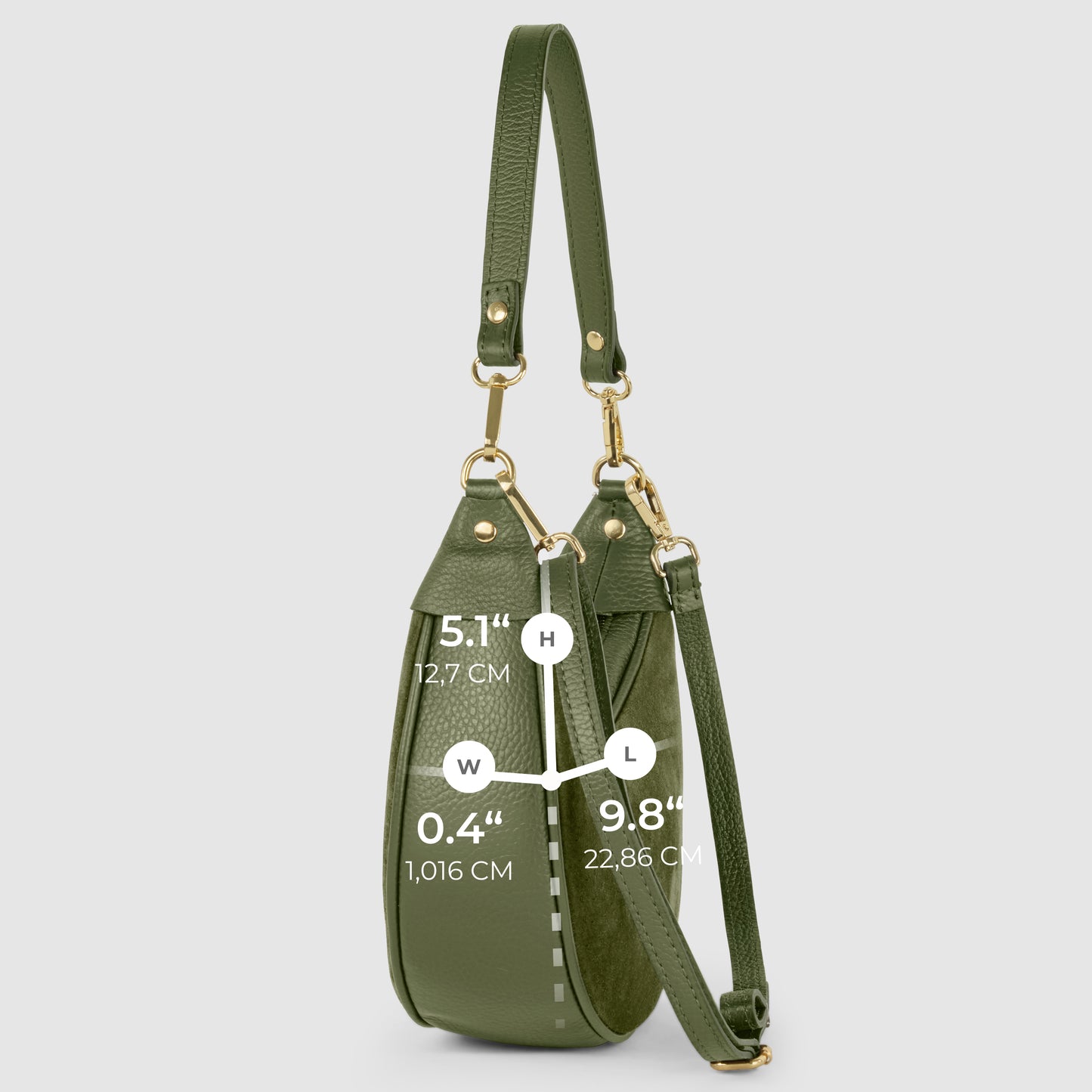 Side view of an olive green Italian leather bag with gold hardware, displaying dimensions—height 9.4 (24 cm), width 5.1 (12.7 cm), and length 8.4 (22.86 cm)—clearly labeled on the handbag.