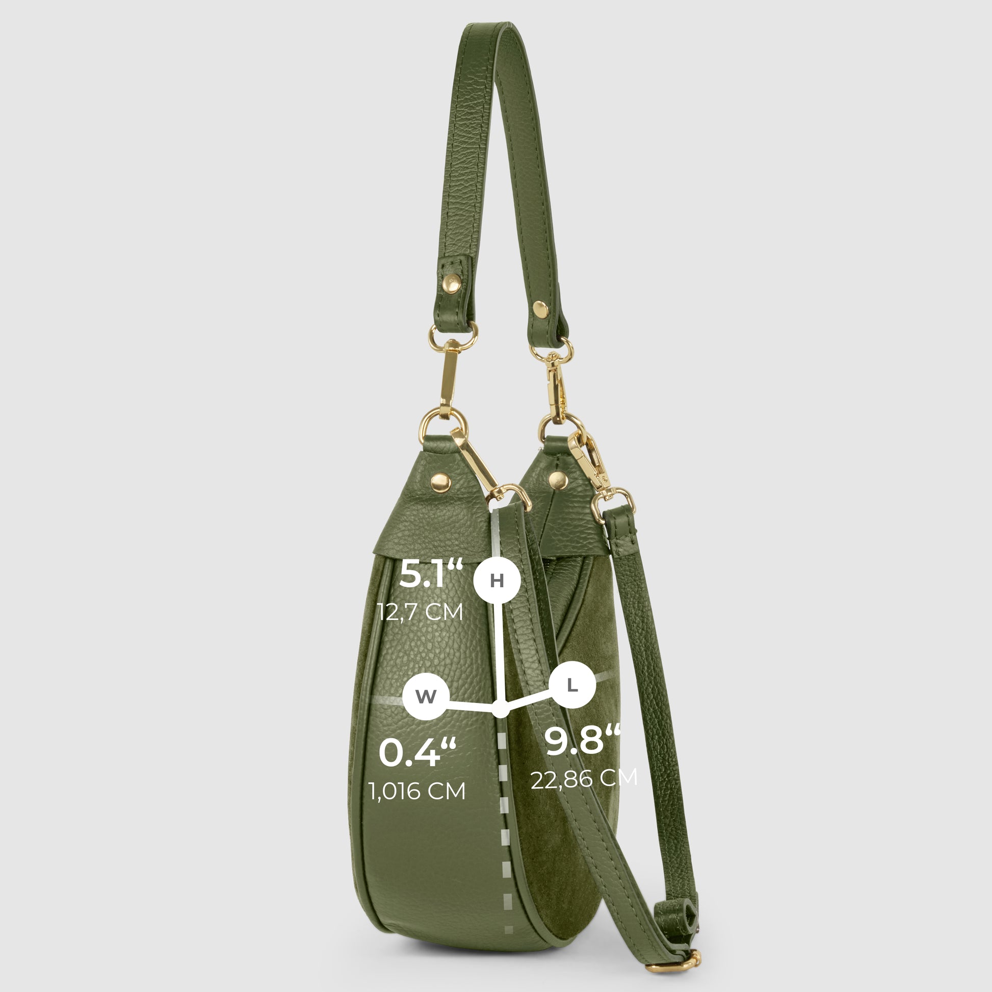 Side view of an olive green Italian leather bag with gold hardware, displaying dimensions—height 9.4 (24 cm), width 5.1 (12.7 cm), and length 8.4 (22.86 cm)—clearly labeled on the handbag.