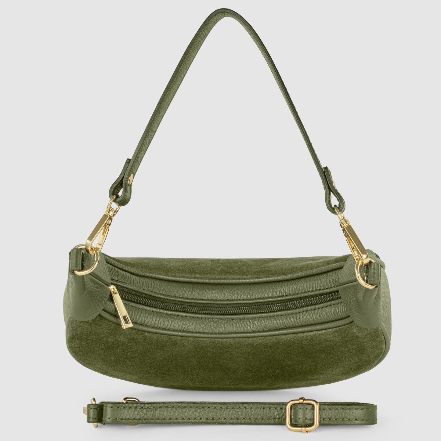 A small green suede crossbody bag with gold zippers and hardware, featuring a short handle attached to gold rings and a detachable, adjustable shoulder strap displayed below the bag.