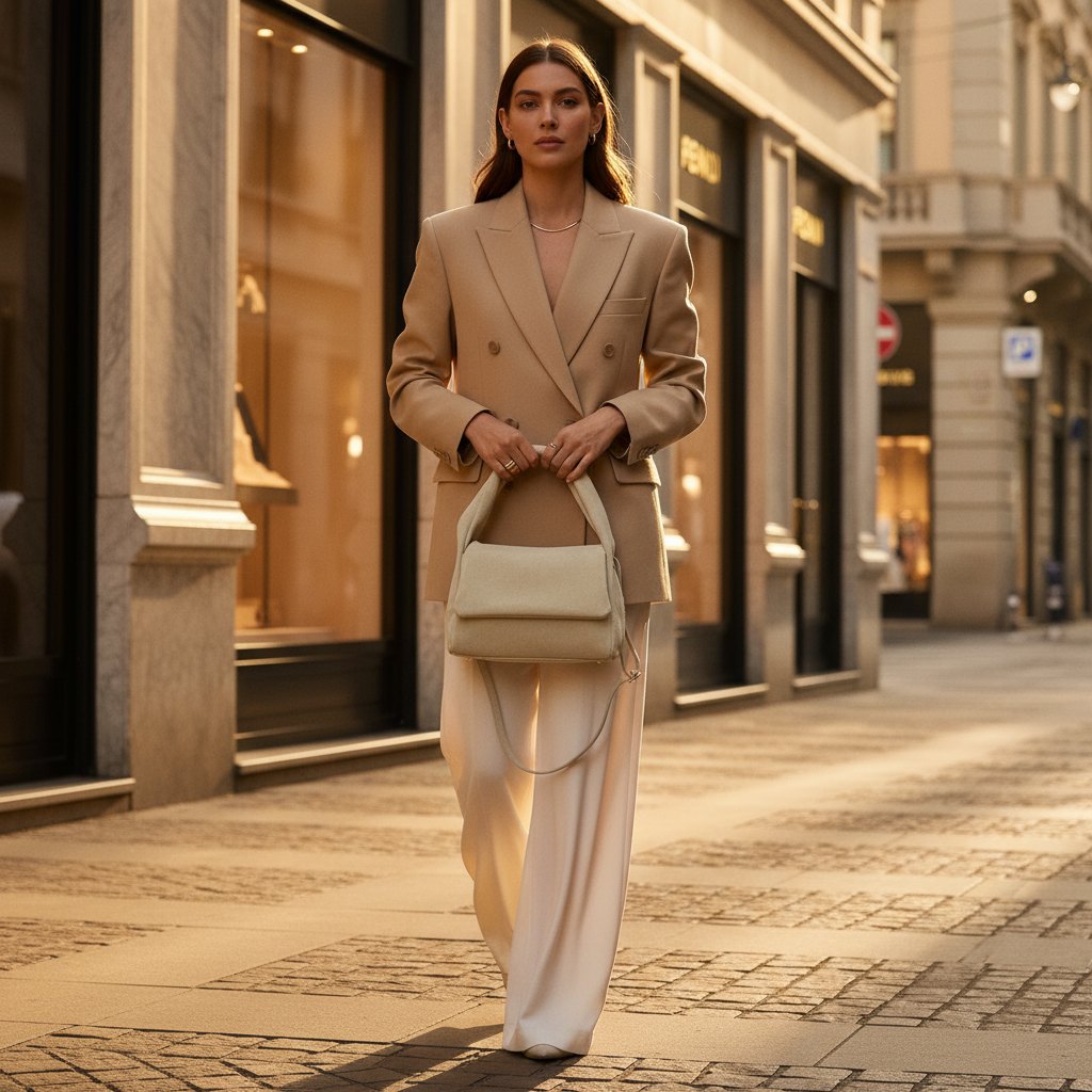 A woman wearing a beige blazer and wide-legged white pants walks confidently down a stylish city street, carrying an Italian suede bag handmade in Italy. Sunlight creates warm tones, and luxury store fronts line the background.
