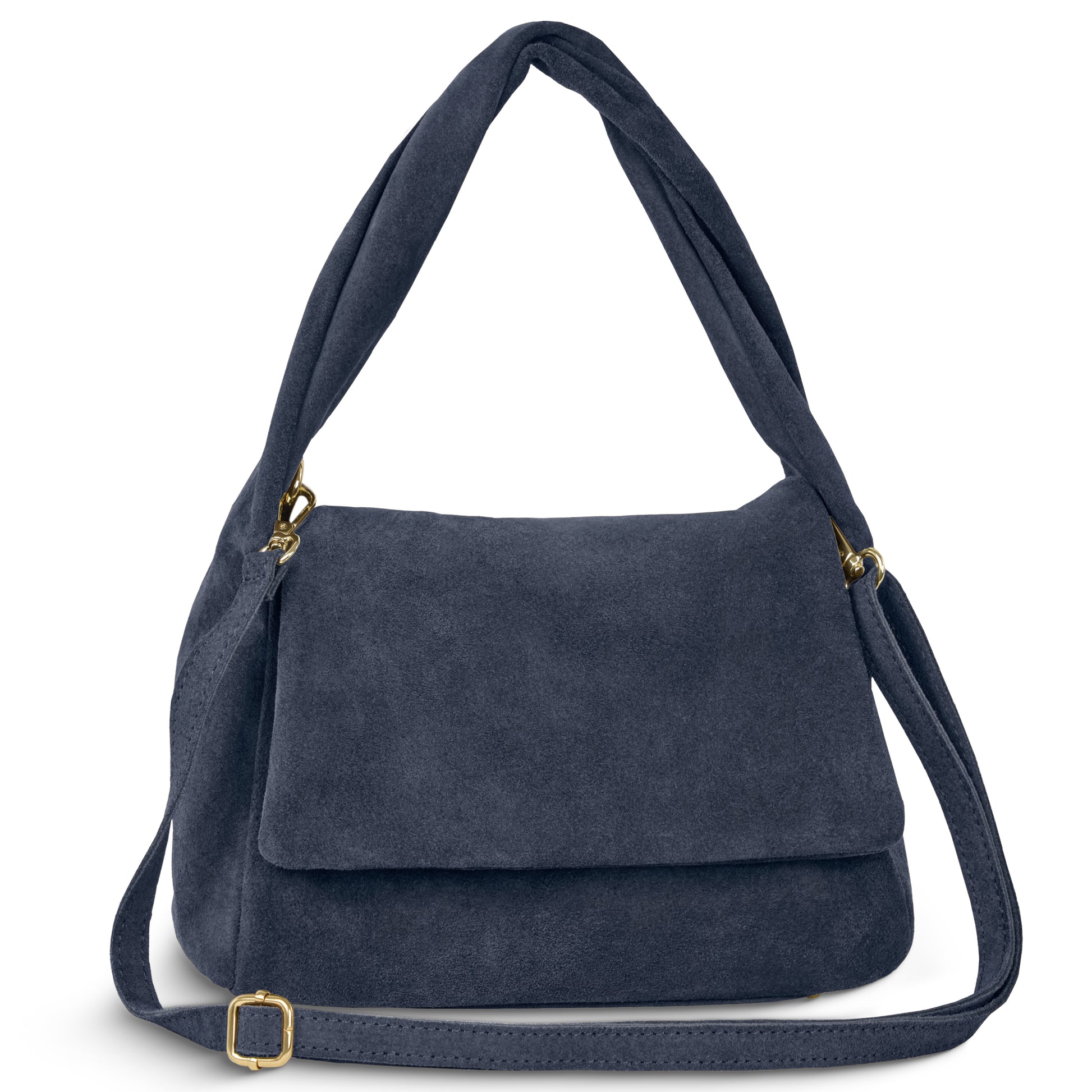 A navy blue Italian suede bag with a large front flap, gold hardware, and an adjustable shoulder strap, handmade in Italy and displayed against a white background.