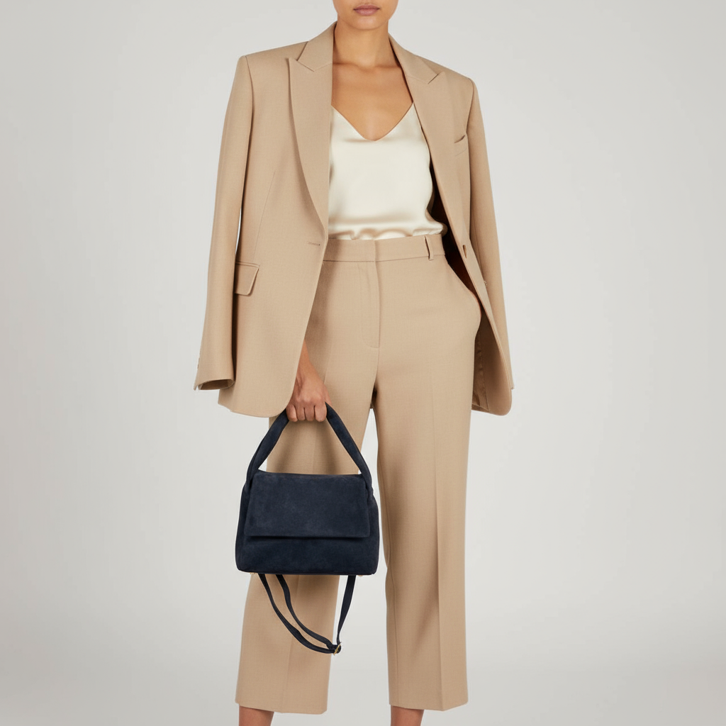 A person wearing a beige suit with a cream satin top holds a genuine suede crossbody bag and stands against a plain background.