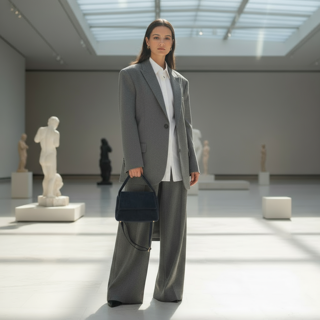 A woman in a gray oversized suit and white shirt stands in a bright, modern art gallery with statues in the background, holding a chic handmade Italian bag.