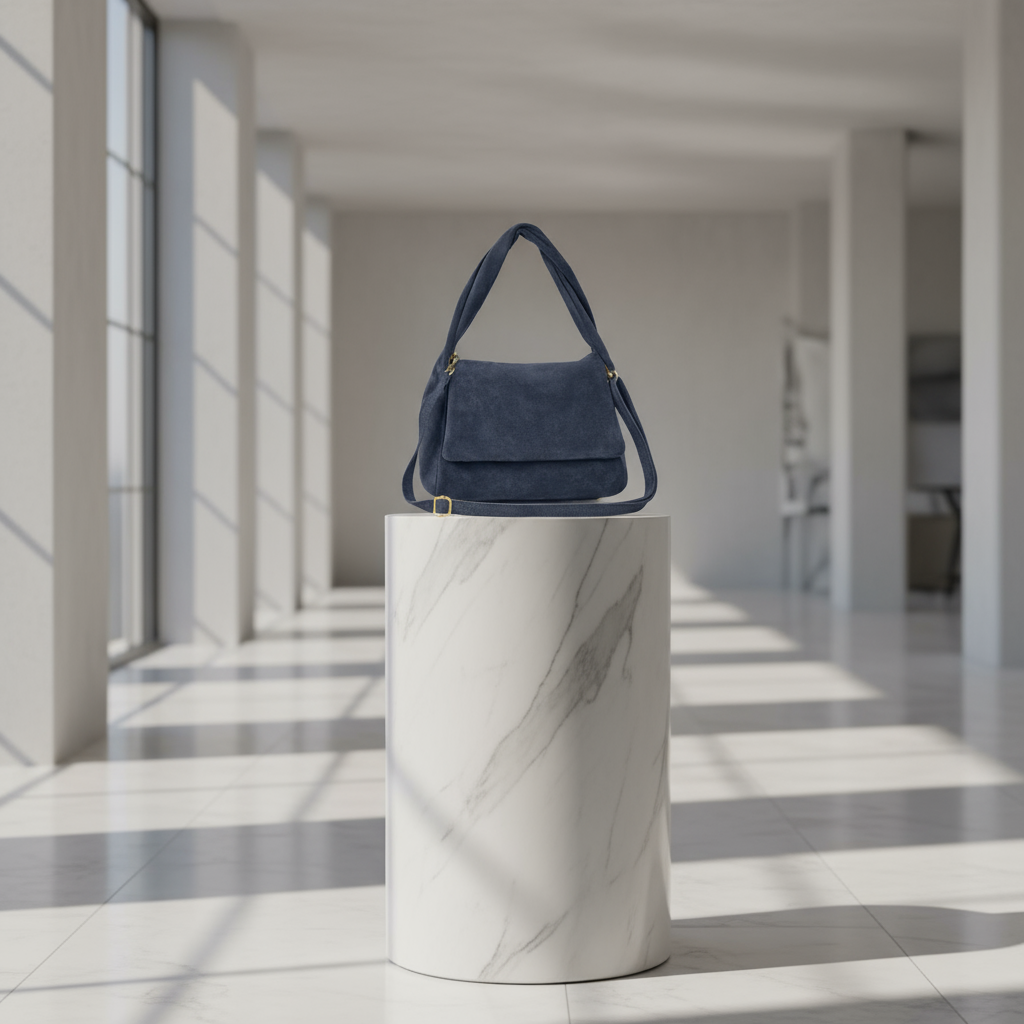 A handmade Italian navy blue crossbody bag in genuine suede with a gold buckle sits on a round white marble pedestal in a sunlit, modern room with large windows and white walls.