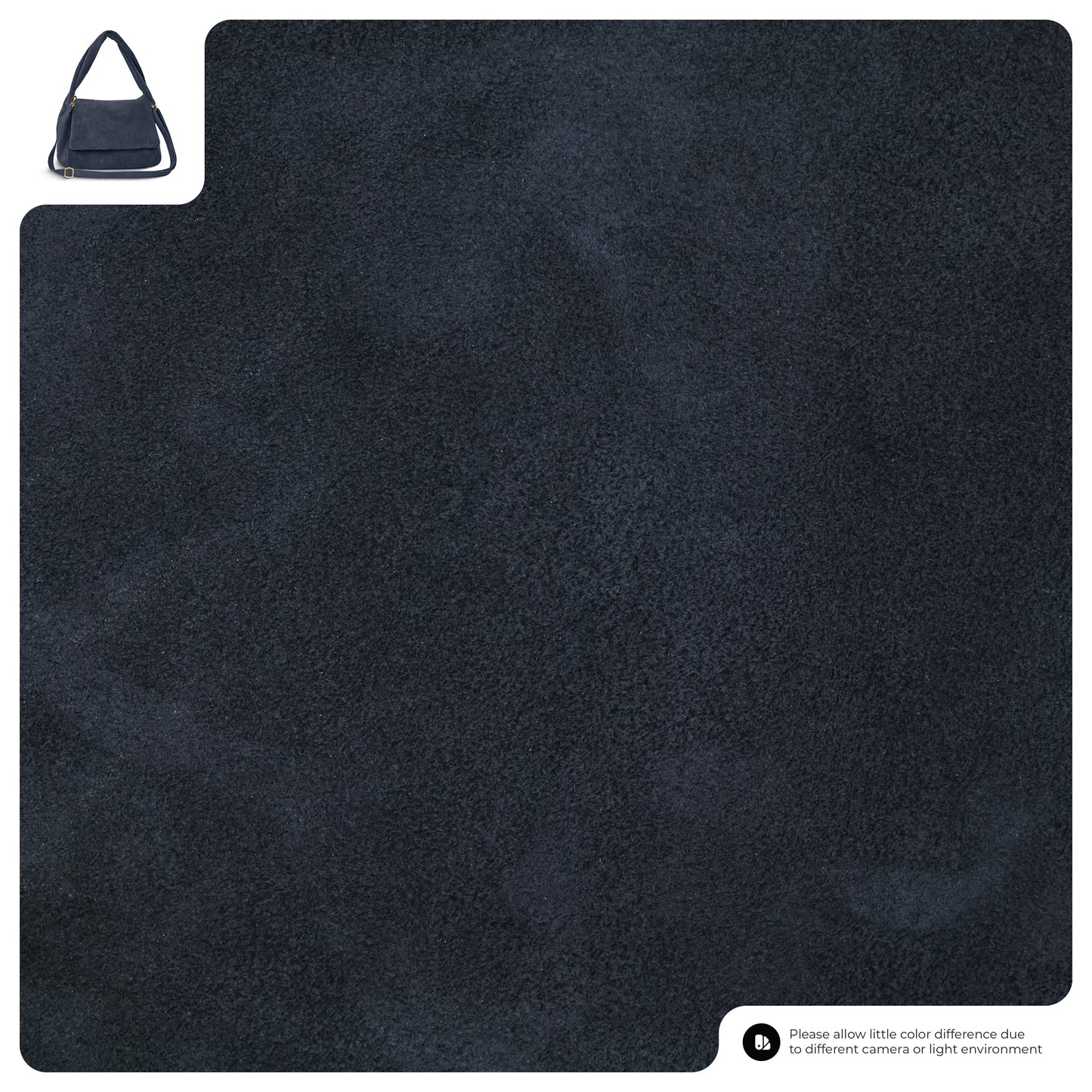 A dark blue, textured Italian suede bag material sample is shown, with a small inset image of a matching blue handbag in the top left corner. A note at the bottom mentions possible color differences due to camera or lighting.