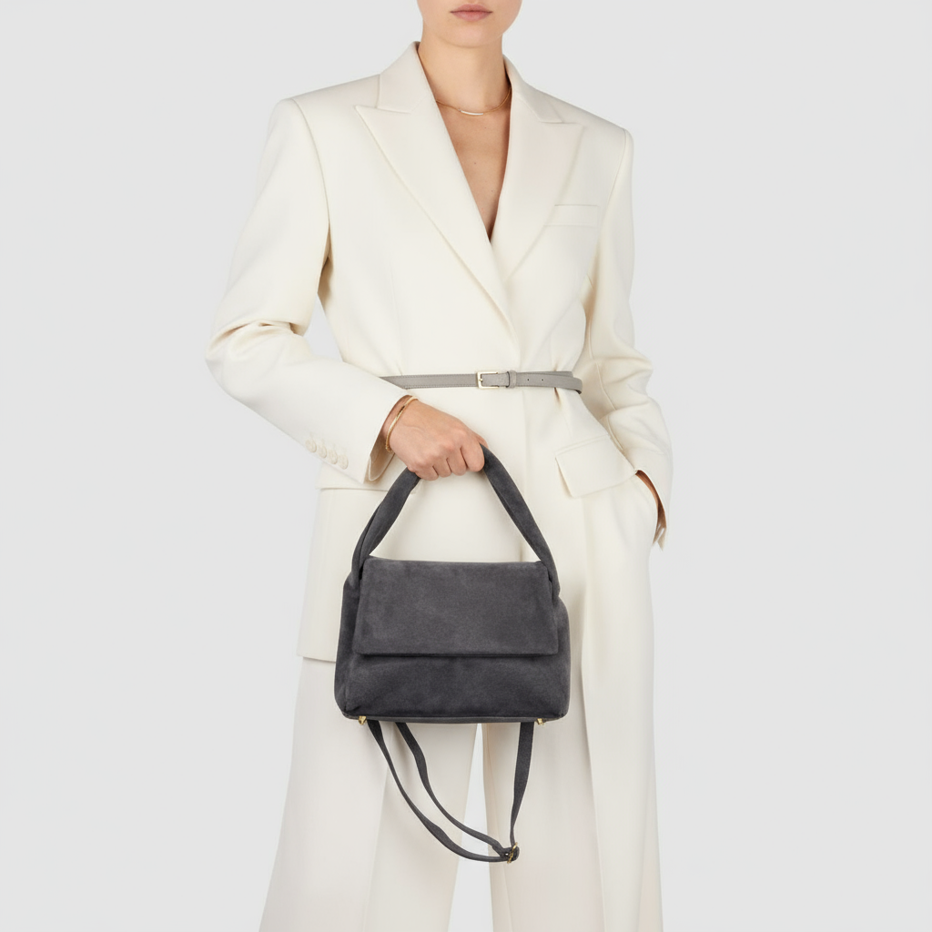 A person wearing a white suit with a belt holds a genuine suede crossbody bag with a top handle and shoulder strap against a plain light background.