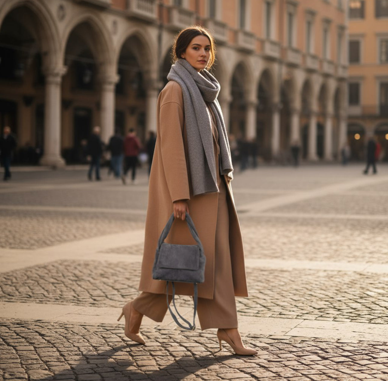 A woman wearing a tan coat, tan pants, and beige heels walks confidently across a cobblestone plaza, holding a handmade Italian bag and wearing a matching gray scarf. Arched buildings with columns are visible in the background.