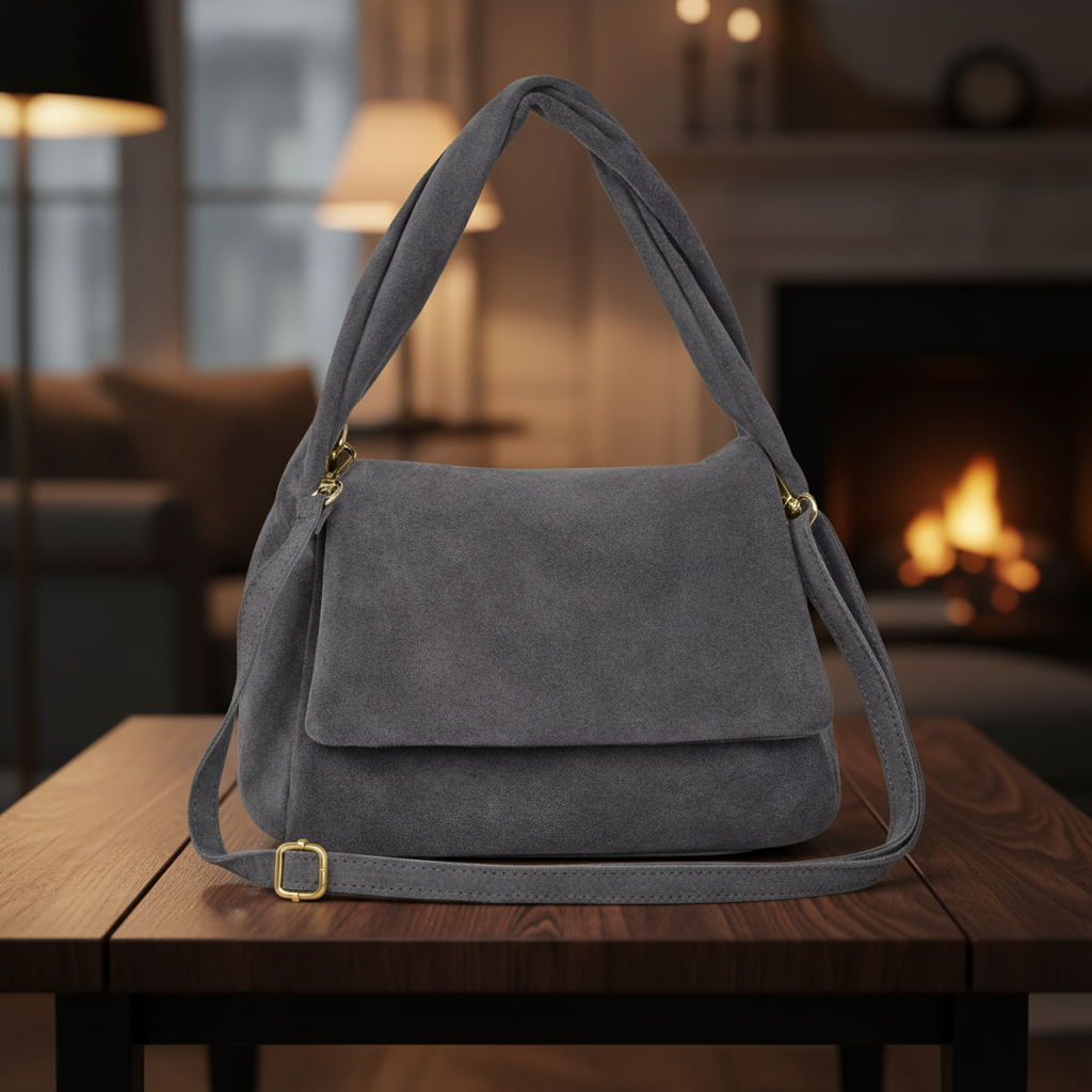A genuine suede crossbody bag with a flap closure and gold hardware sits on a wooden table in a cozy room, illuminated by soft lighting from the fireplace.