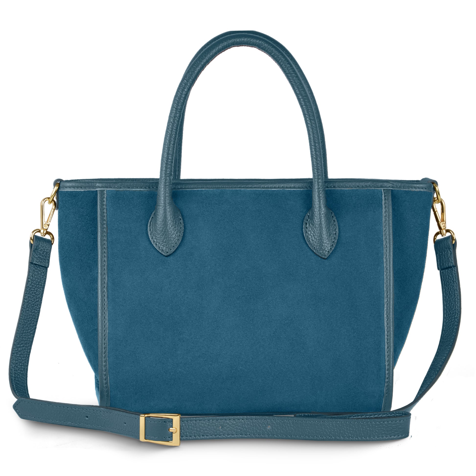 A denim suede handcrafted handbag with two handles, gold hardware, and a detachable, adjustable shoulder strap. Features a simple, structured design for timeless appeal.