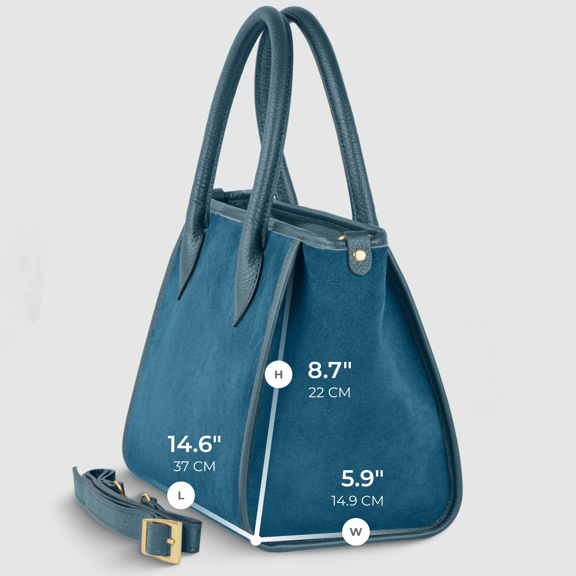 A blue Italian handcrafted bag with two handles and a detachable strap is shown angled to display its dimensions: 14.6 (37 cm) long, 8.7 (22 cm) high, and 5.9 (14.9 cm) wide.