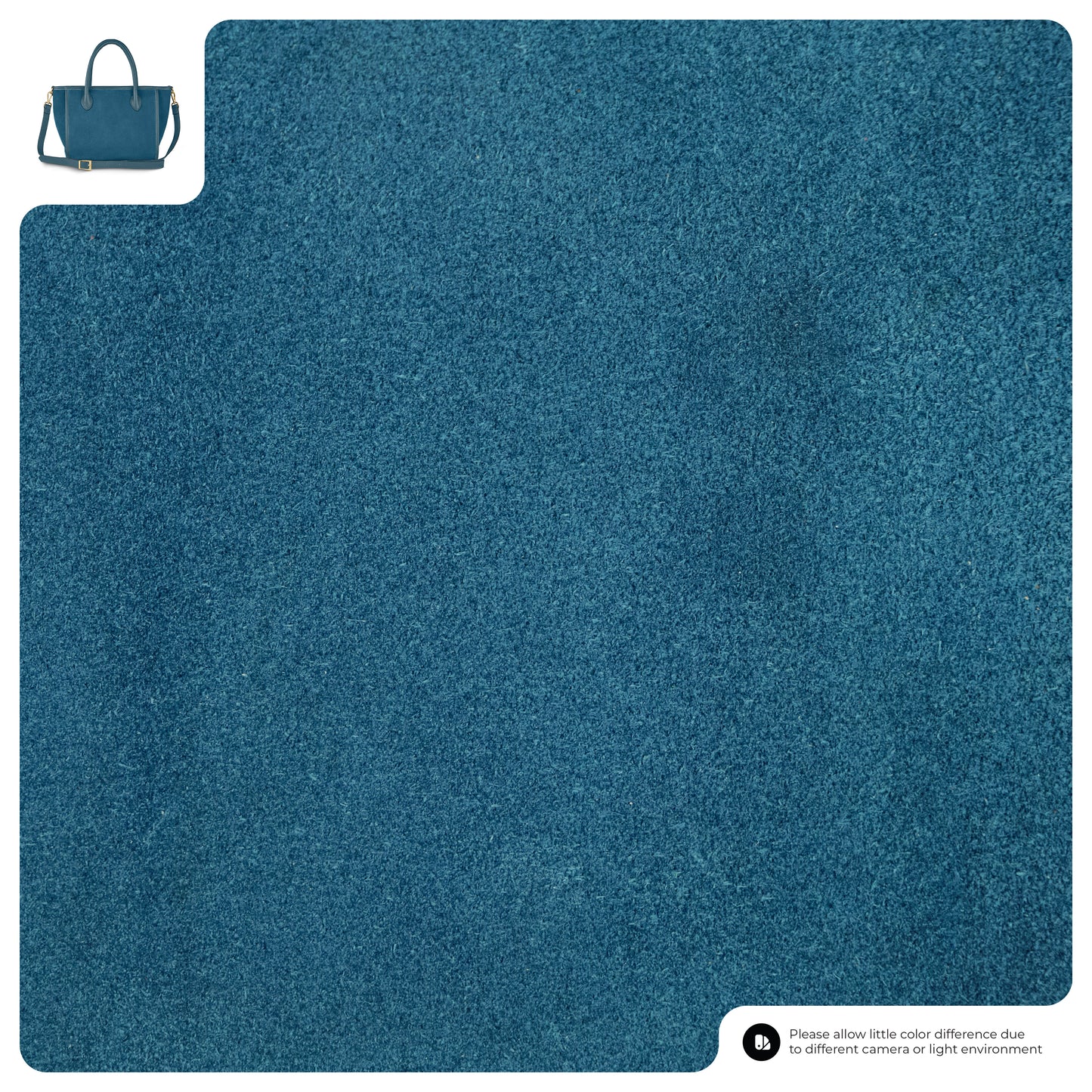 A close-up of a textured teal blue carpet fills most of the image. In the top left corner, there is an Everyday Elegance suede leather handbag for color comparison. A note at the bottom indicates possible color differences due to lighting.