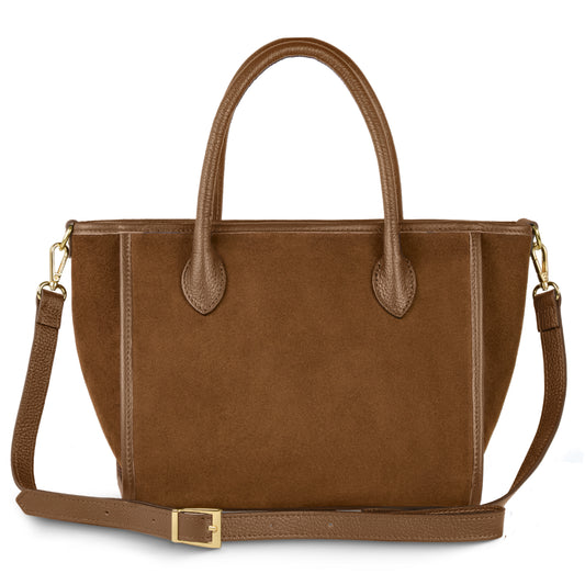 A mocha suede leather handbag, handcrafted in Florence, with leather handles and a detachable, adjustable strap. Features gold-tone hardware and a structured, rectangular shape.