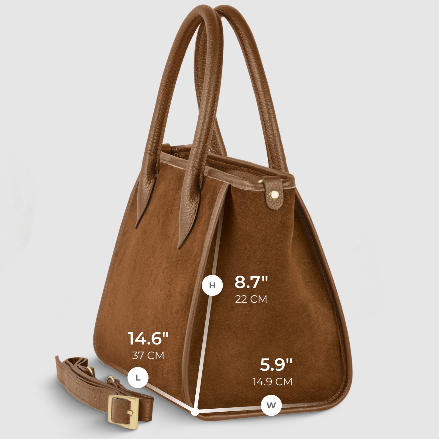A brown suede leather handbag with dual handles, a detachable strap for crossbody carryall convenience, and gold hardware. Dimensions: height 8.7" (22 cm), length 14.6" (37 cm), width 5.9" (14.9 cm).