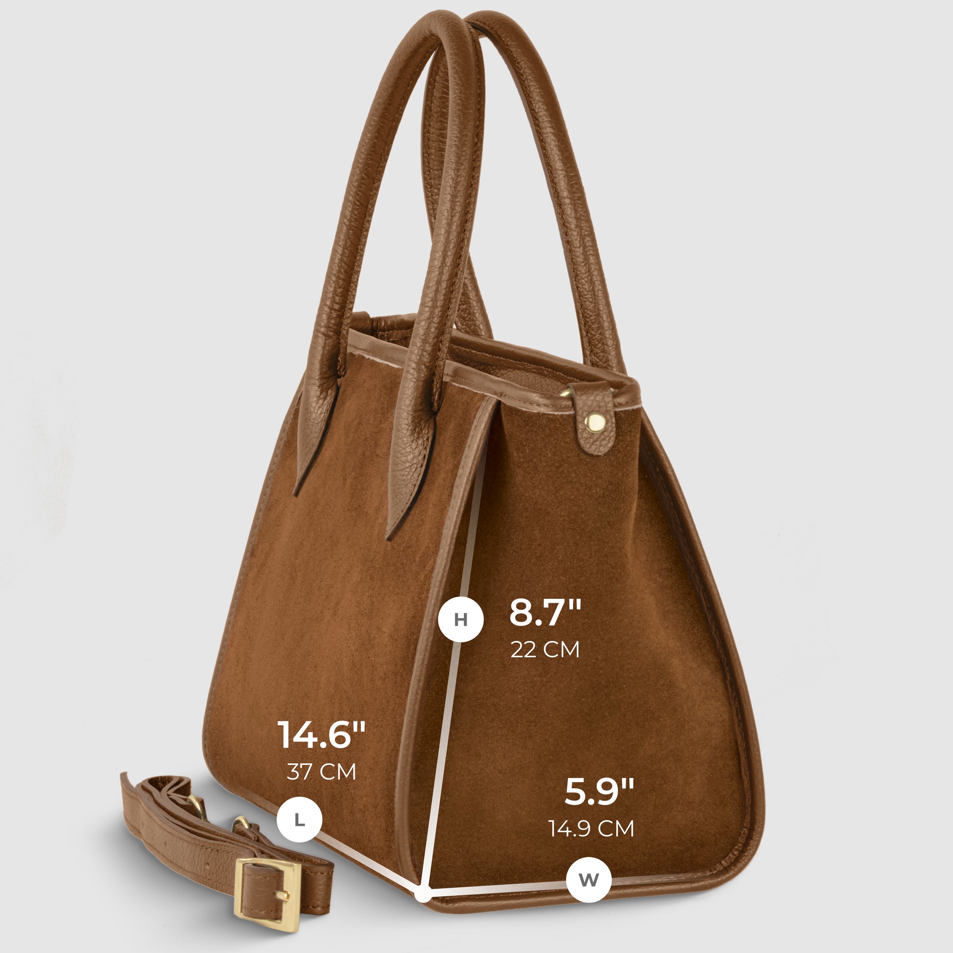 A brown suede leather handbag with dual handles, a detachable strap for crossbody carryall convenience, and gold hardware. Dimensions: height 8.7" (22 cm), length 14.6" (37 cm), width 5.9" (14.9 cm).