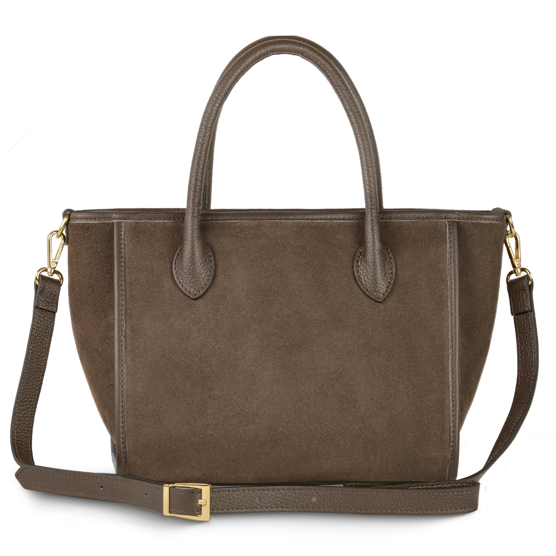 A structured Tobacco Suede leather handbag, handcrafted in Florence with matching handles and trim, features a detachable shoulder strap with gold hardware and a rectangular buckle for everyday elegance.