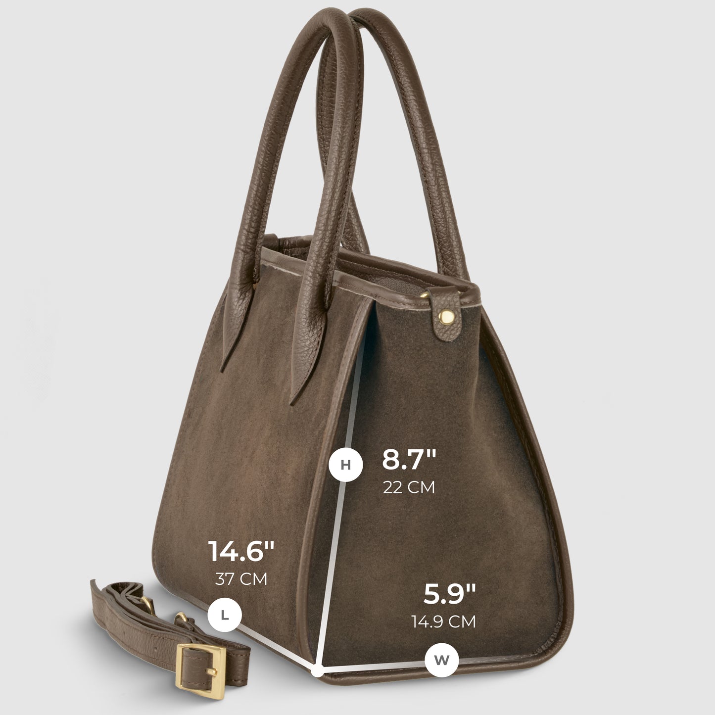 Brown suede leather handbag with two handles and a detachable strap, shown at an angle. Measurements are labeled: height 8.7 (22 cm), length 14.6 (37 cm), and width 5.9 (14.9 cm)—an elegant Italian handcrafted bag.
