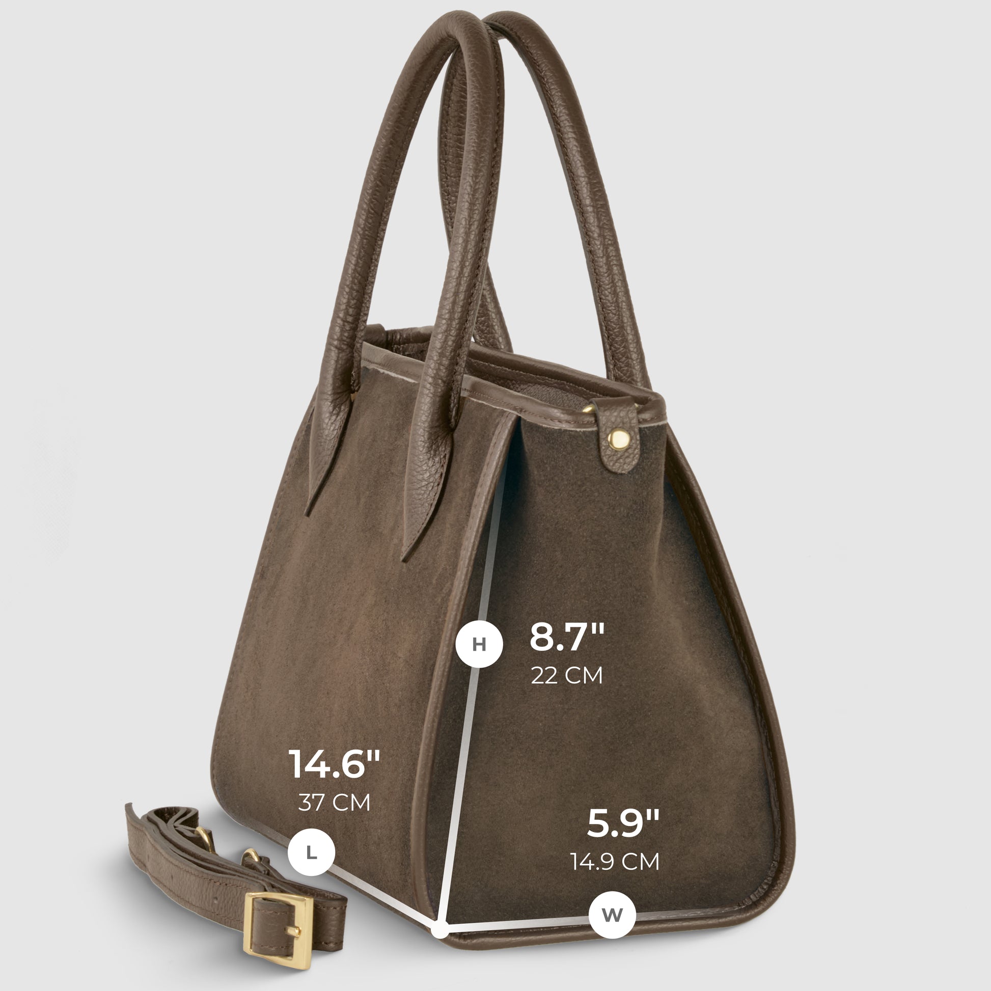 Brown suede leather handbag with two handles and a detachable strap, shown at an angle. Measurements are labeled: height 8.7 (22 cm), length 14.6 (37 cm), and width 5.9 (14.9 cm)—an elegant Italian handcrafted bag.