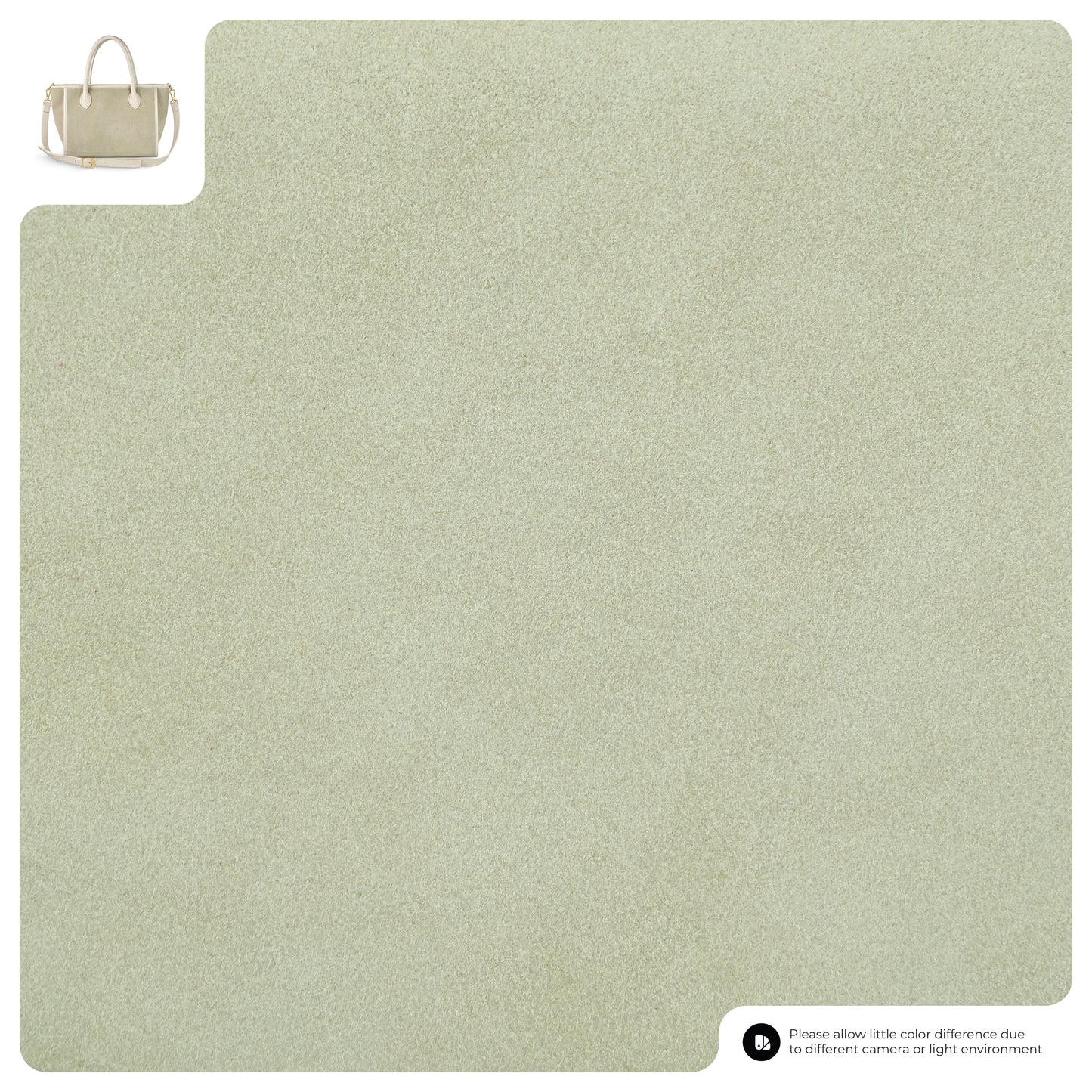 A large beige textured swatch fills the image, with a small suede leather handbag featuring the same color and material shown in the upper left corner. A note about possible color differences appears in the bottom right corner.