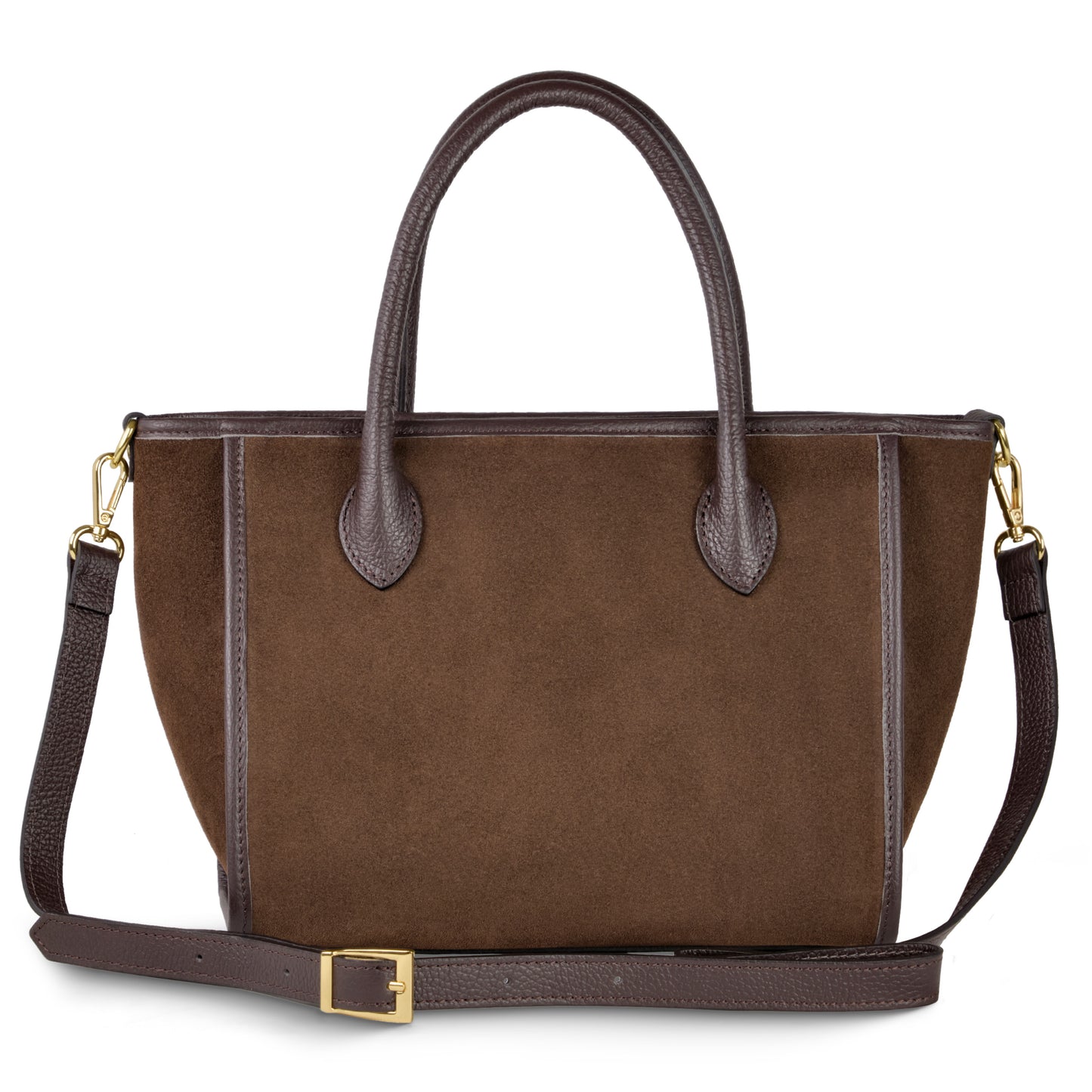 A brown suede leather handbag with dark brown leather handles and trim, featuring an adjustable detachable strap with gold hardware and a rectangular buckle. The bag has a sleek, structured design.
