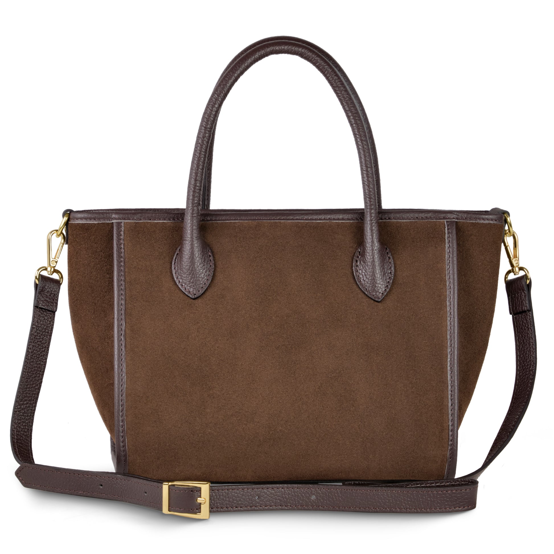 A brown suede leather handbag with dark brown leather handles and trim, featuring an adjustable detachable strap with gold hardware and a rectangular buckle. The bag has a sleek, structured design.