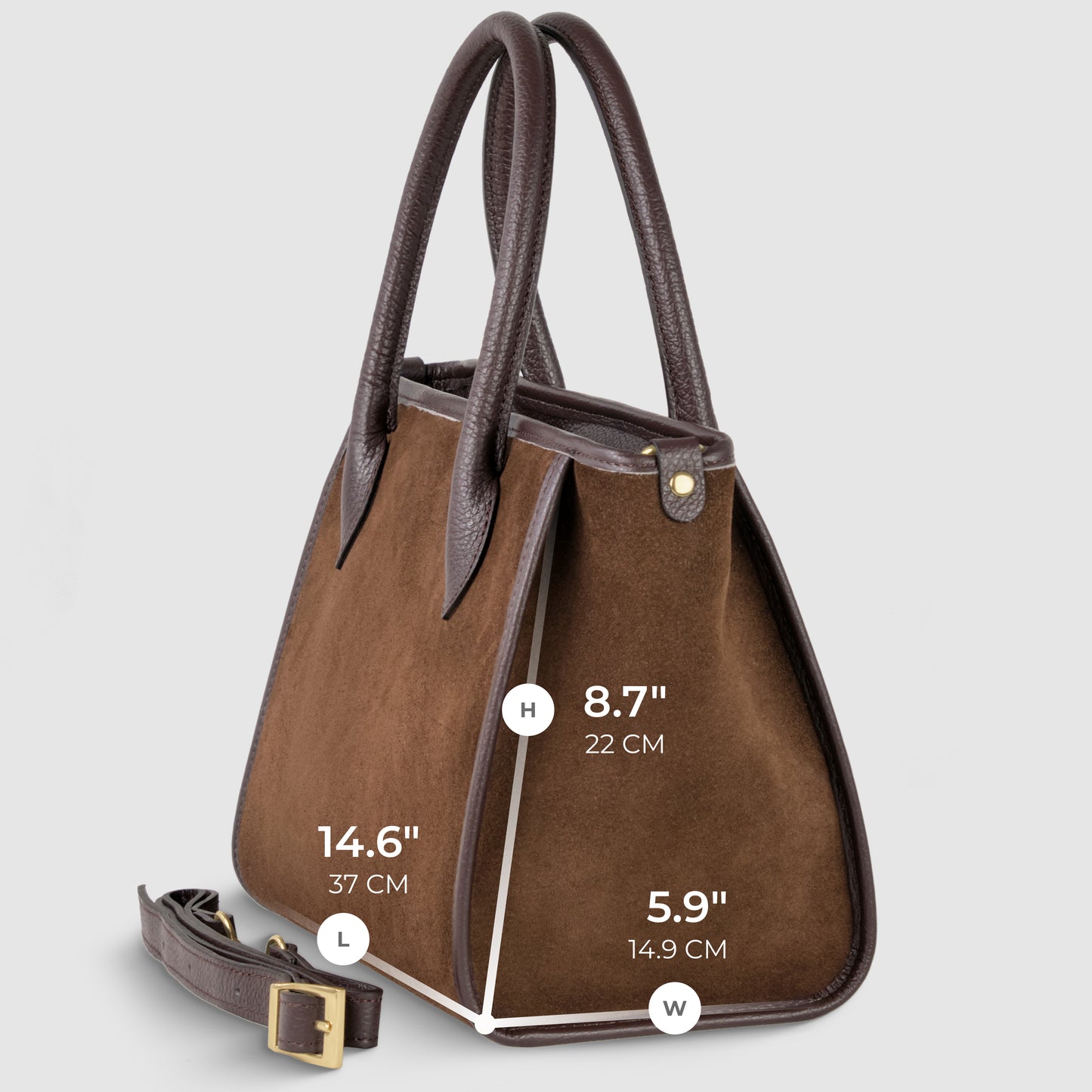 A brown Italian handcrafted bag in suede leather with dark brown handles and trim, shown in side view. Dimensions: height 8.7" (22 cm), length 14.6" (37 cm), width 5.9" (14.9 cm). Includes a detachable strap for crossbody carryall versatility.