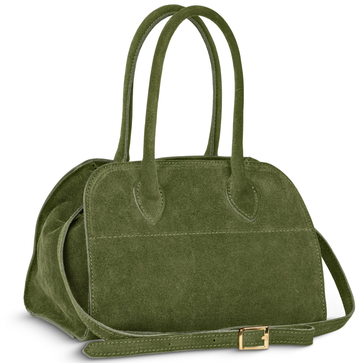 An olive suede bag with two handles and a detachable shoulder strap featuring a gold buckle, displayed against a white background.