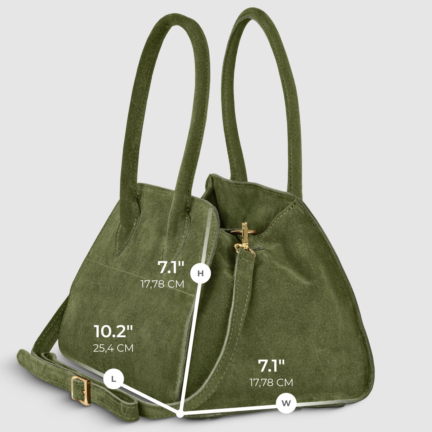Olive green Italian suede handbag with two top handles and a shoulder strap, handmade in Italy by Florentine leather artisans. Dimensions: 10.2" (25.4 cm) long, 7.1" (17.78 cm) high, 7.1" (17.78 cm) wide.