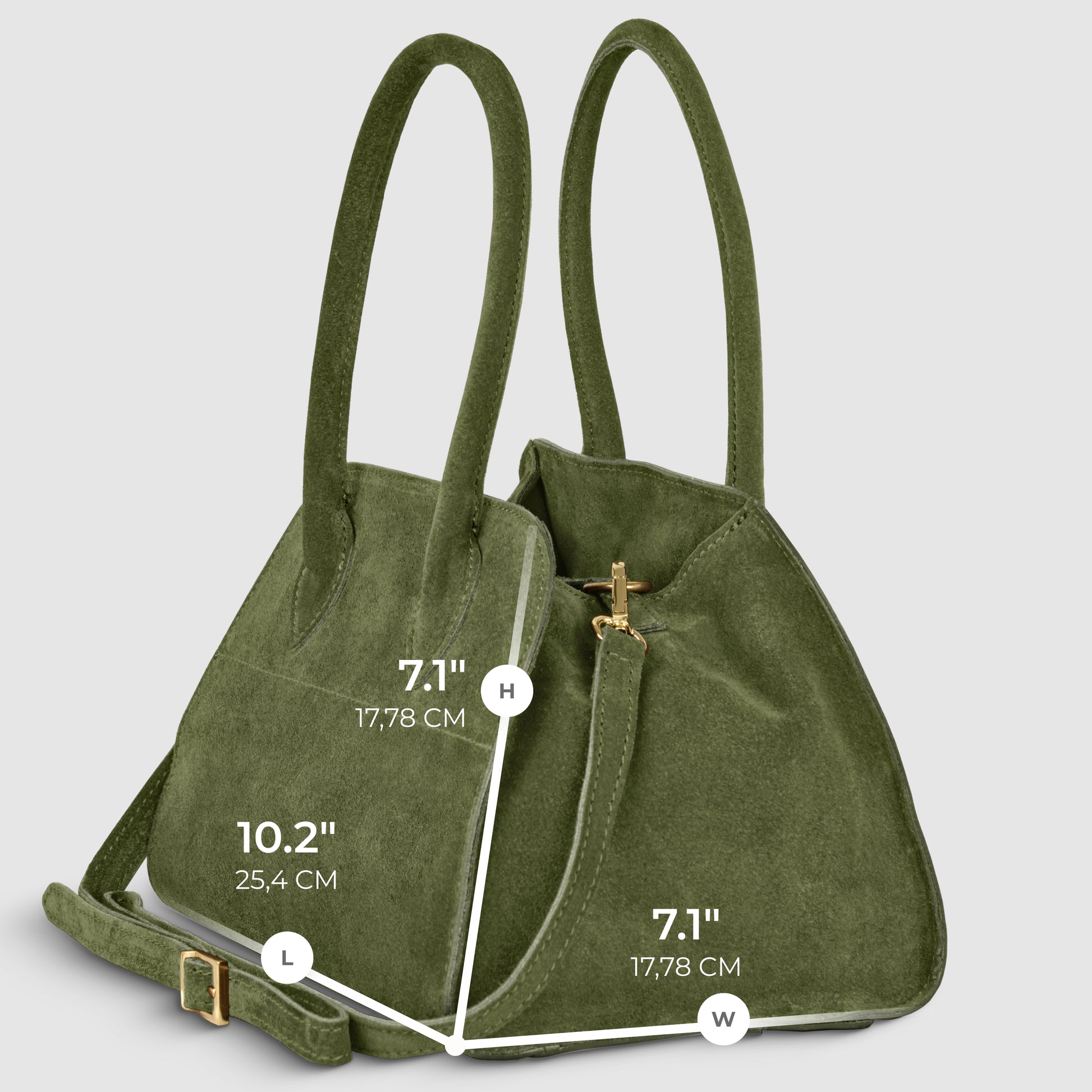 Olive green Italian suede handbag with two top handles and a shoulder strap, handmade in Italy by Florentine leather artisans. Dimensions: 10.2" (25.4 cm) long, 7.1" (17.78 cm) high, 7.1" (17.78 cm) wide.