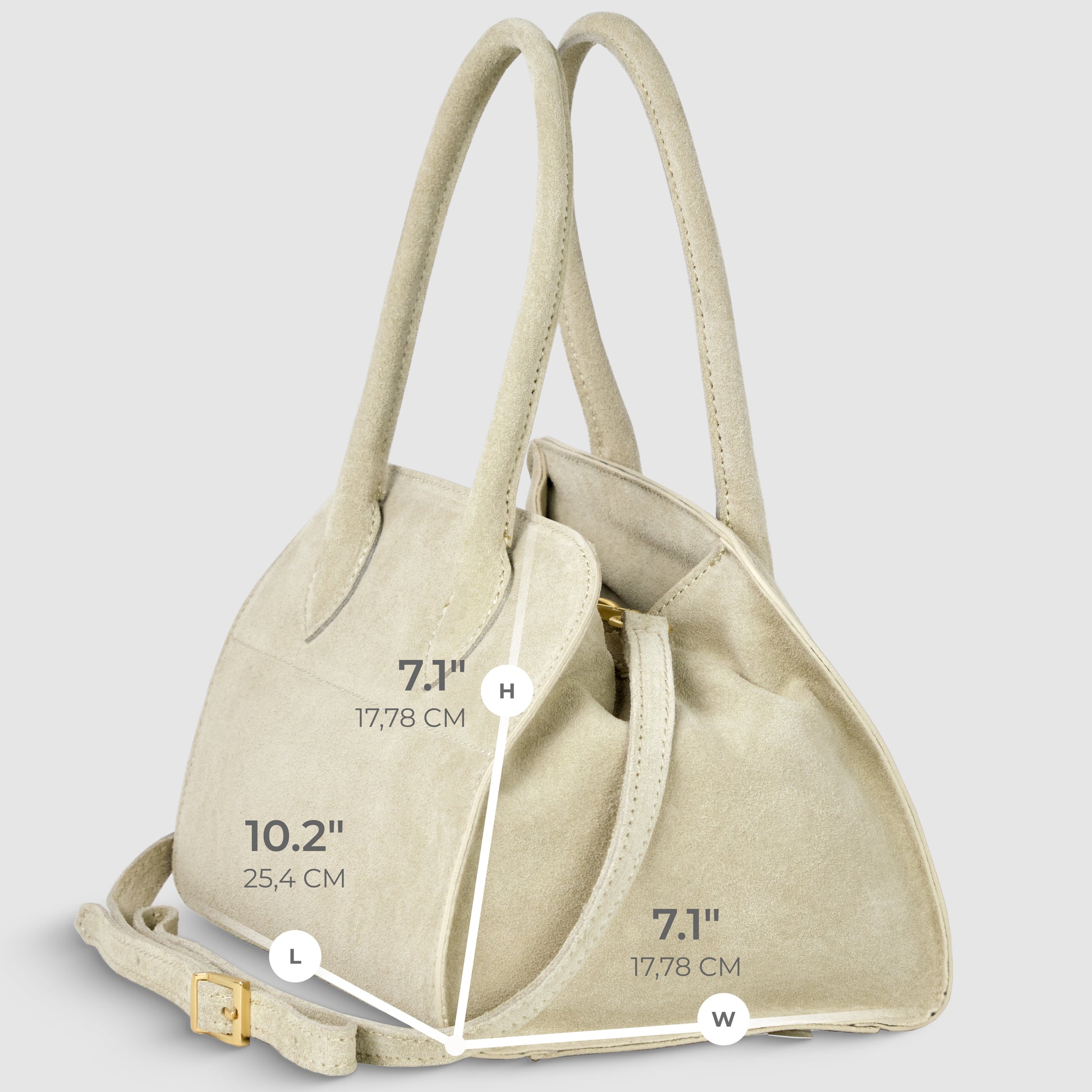 Light beige genuine suede handbag with two handles and a strap. The bag’s dimensions are labeled: length 10.2" (25.4 cm), height 7.1" (17.78 cm), and width 7.1" (17.78 cm) against a light gray background.