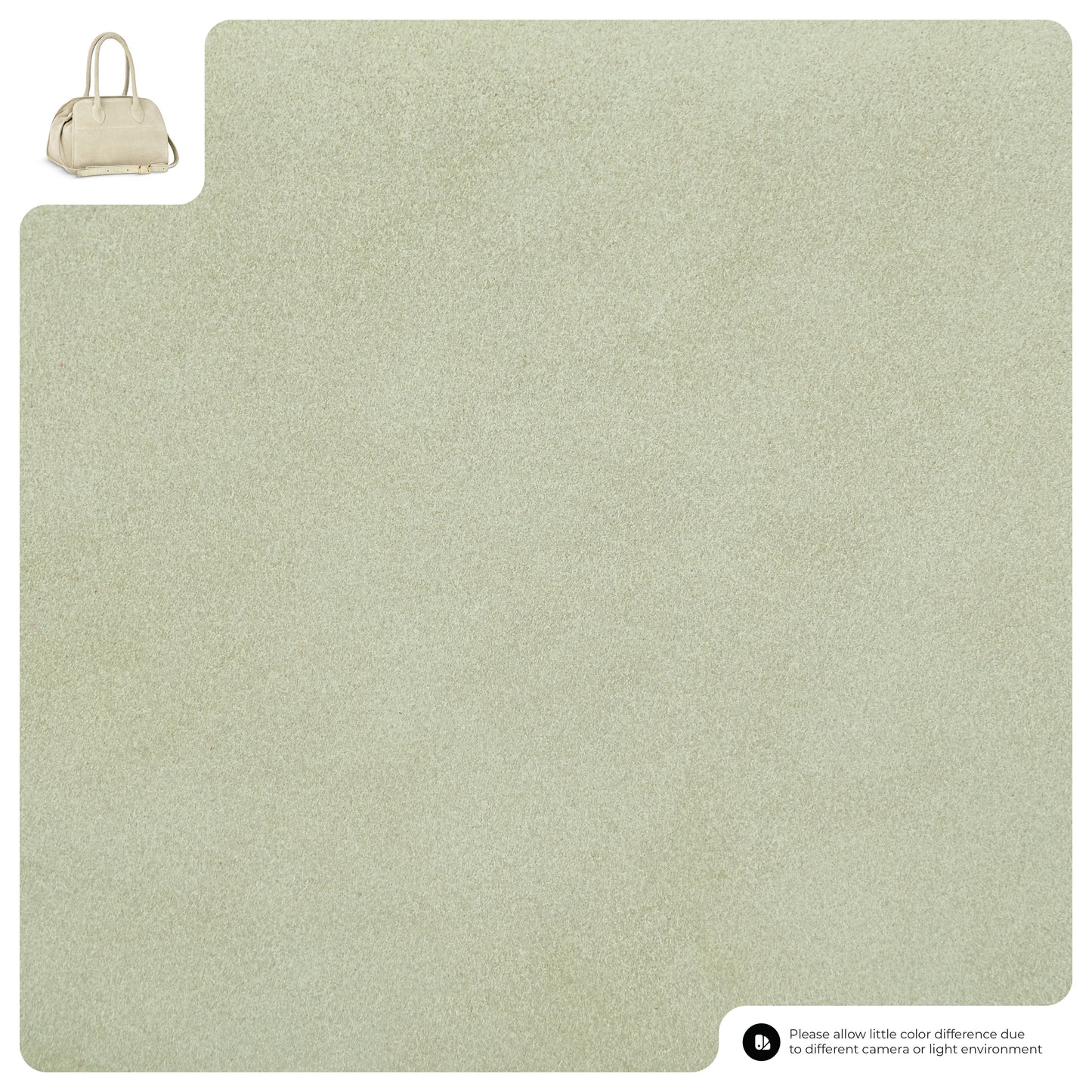 A close-up of beige textured Florentine leather fills most of the image, with a small handmade Italian handbag shown in the top left corner as a reference. A note at the bottom mentions possible color differences due to lighting.