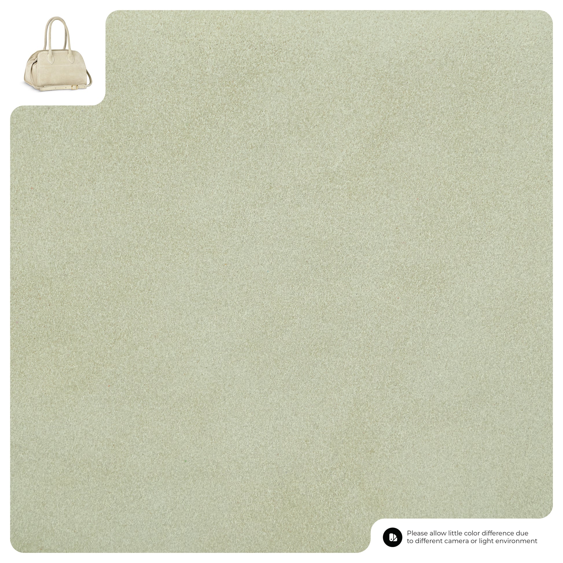 A close-up of beige textured Florentine leather fills most of the image, with a small handmade Italian handbag shown in the top left corner as a reference. A note at the bottom mentions possible color differences due to lighting.