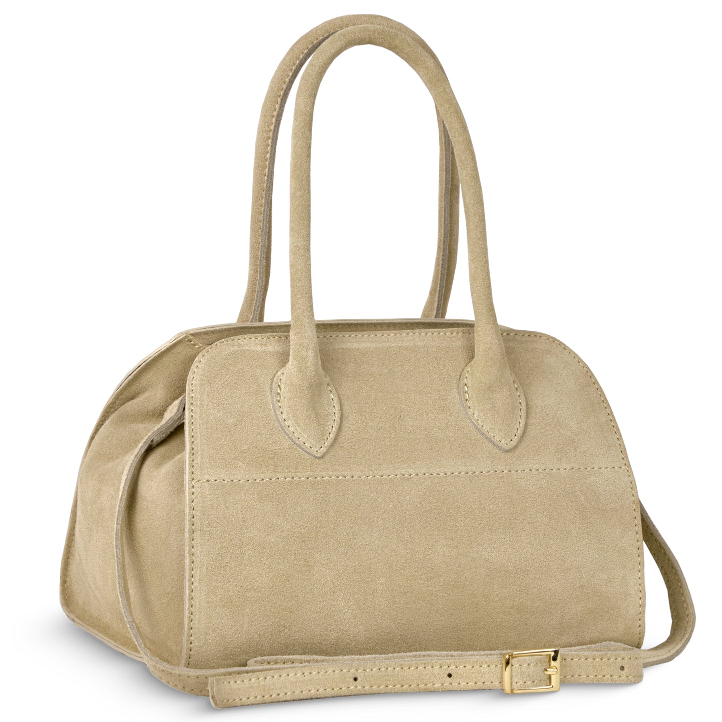 A handmade Italian handbag in greige suede with two sturdy handles, a structured rectangular shape, and a detachable shoulder strap with a gold buckle, shown against a white background.