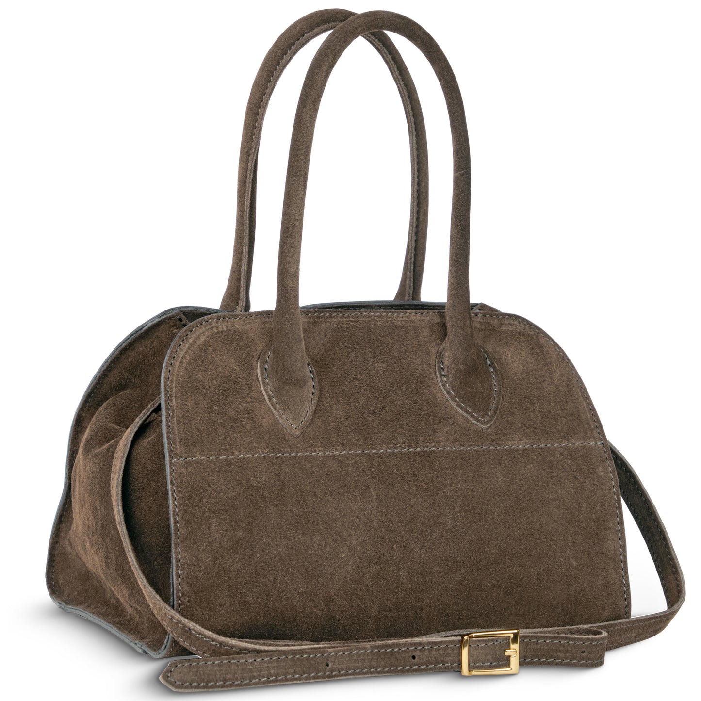 Tobacco suede bag with double handles and a detachable shoulder strap featuring a gold buckle. Its simple, structured design with visible stitching highlights classic Florentine leather craftsmanship.