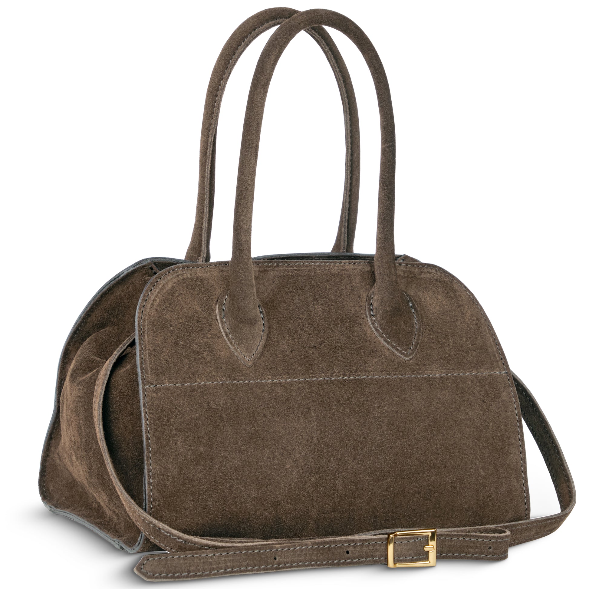 Tobacco suede bag with double handles and a detachable shoulder strap featuring a gold buckle. Its simple, structured design with visible stitching highlights classic Florentine leather craftsmanship.