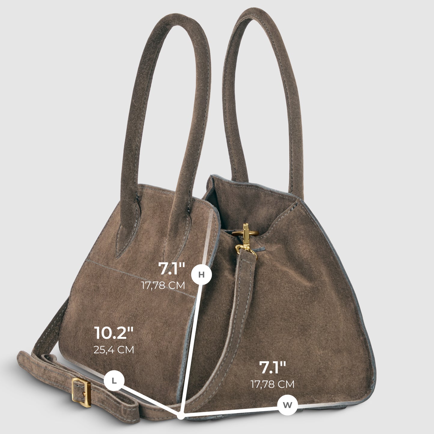 A luxury Italian handbag, handmade in Italy from genuine suede, features two handles, a side buckle strap, and gold zipper. Dimensions: 10.2 (L), 7.1 (H), 7.1 (W), also shown in centimeters. Displayed against a light background.