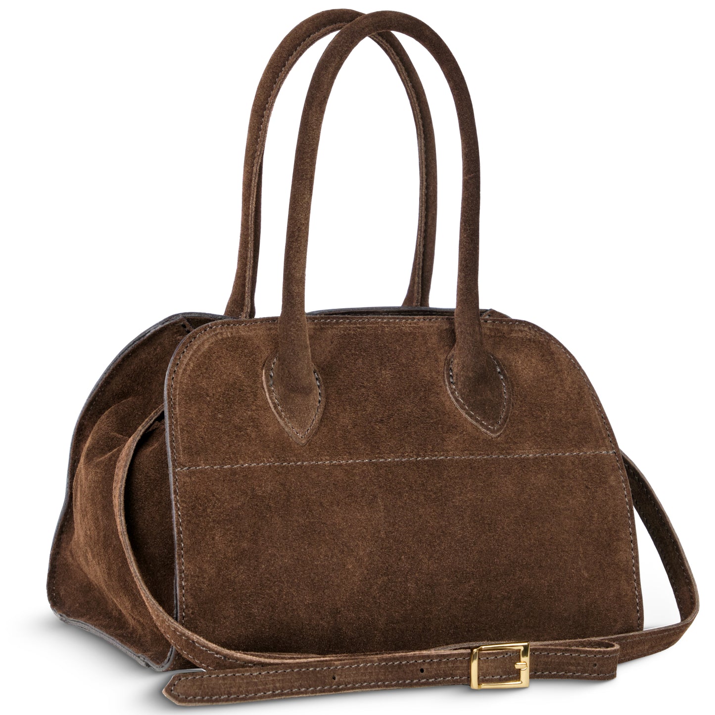 A rectangular Chocolate Suede Italian handbag with two handles, visible stitching, and a long adjustable shoulder strap featuring a gold buckle, displayed against a white background.