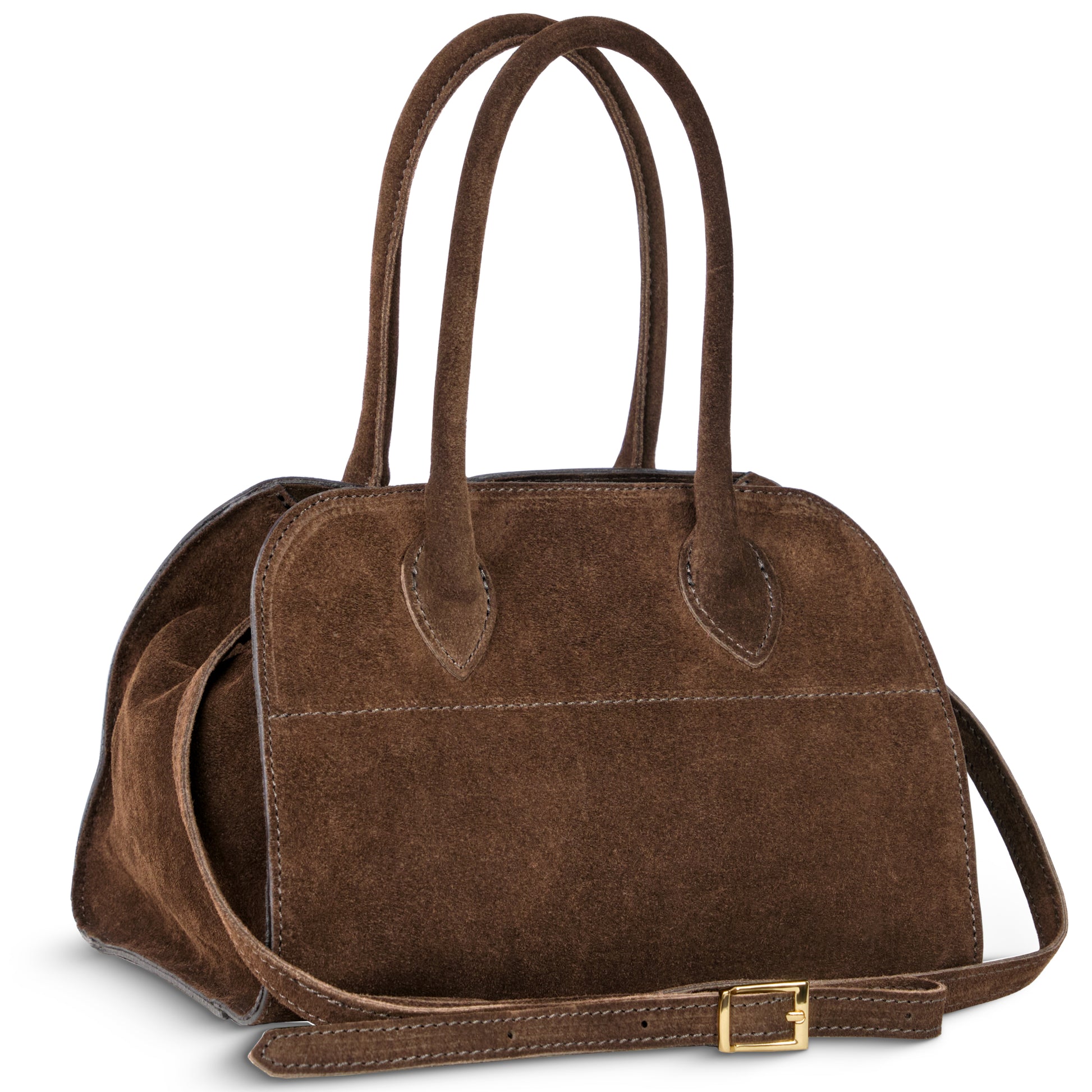 A rectangular Chocolate Suede Italian handbag with two handles, visible stitching, and a long adjustable shoulder strap featuring a gold buckle, displayed against a white background.