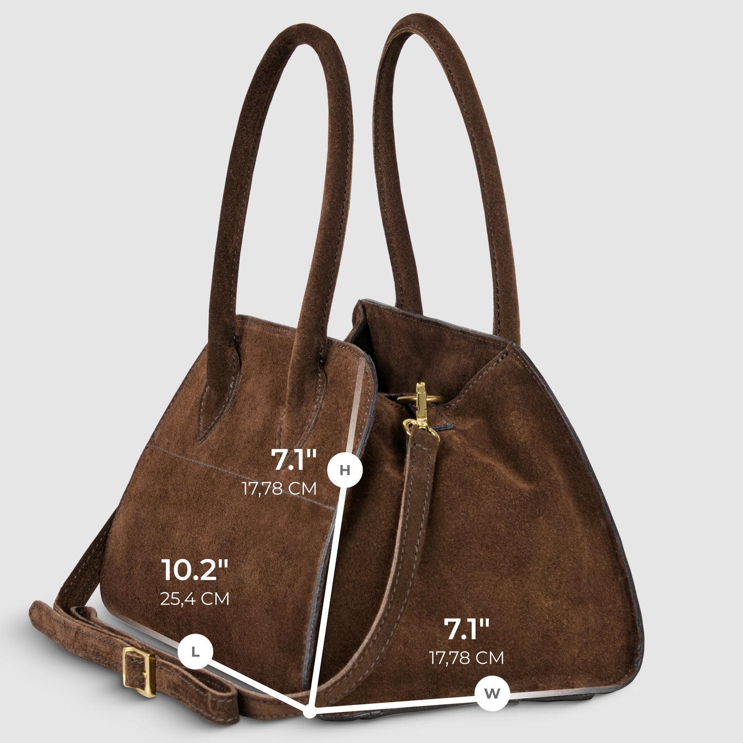 Two brown handmade Italian handbags crafted from genuine suede sit side by side on a gray background. Dimensions on the front bag: 10.2" length, 7.1" height, and 7.1" width. One features a gold zipper and buckle for added style.